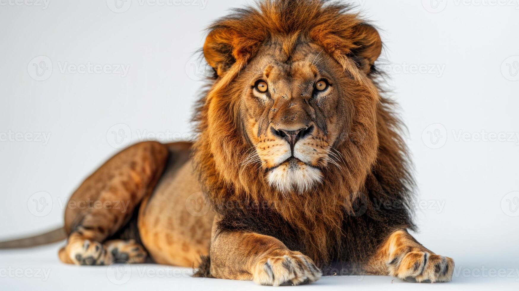 A powerful lion lounges elegantly, showcasing its stunning mane and strength photo