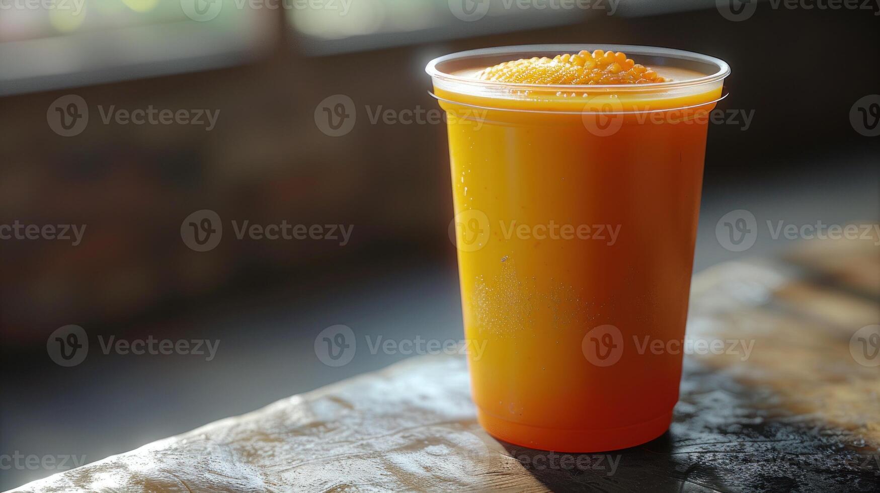 A vibrant orange drink topped with foam sits on a rustic wooden table photo