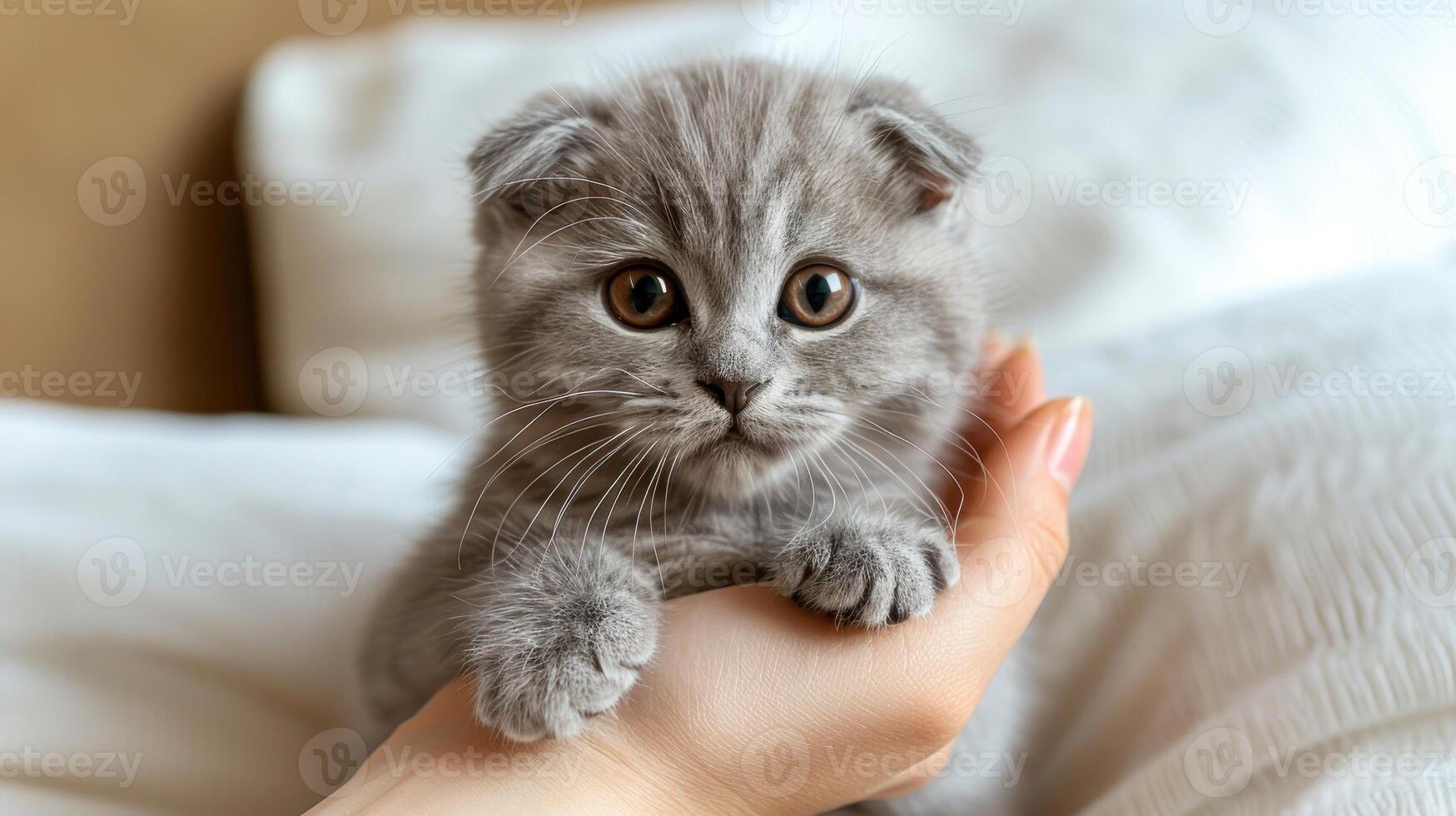 A fluffy gray kitten gazes curiously from a gentle hand photo