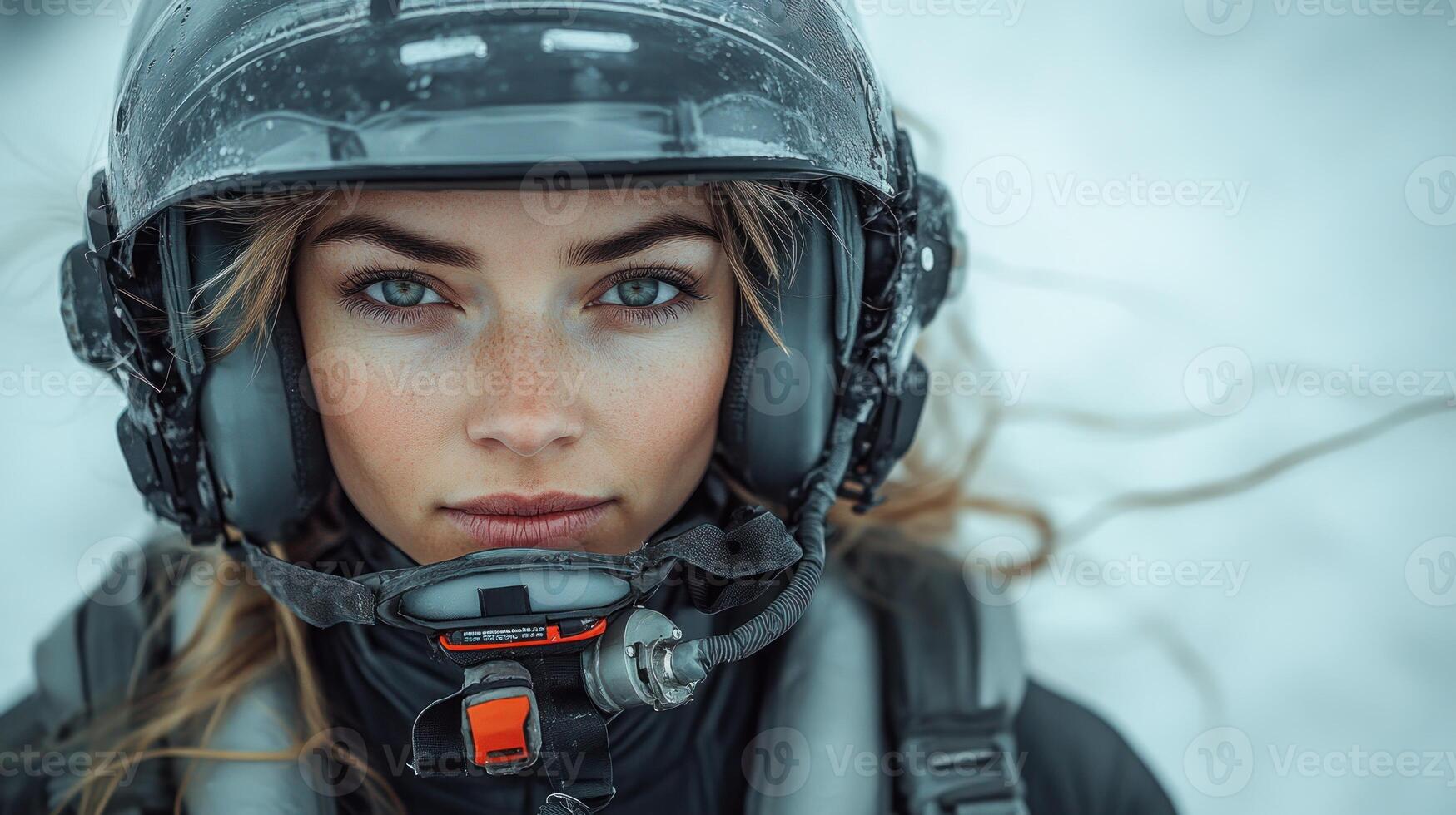 A woman in a helmet gazes into the distance against a snowy backdrop photo