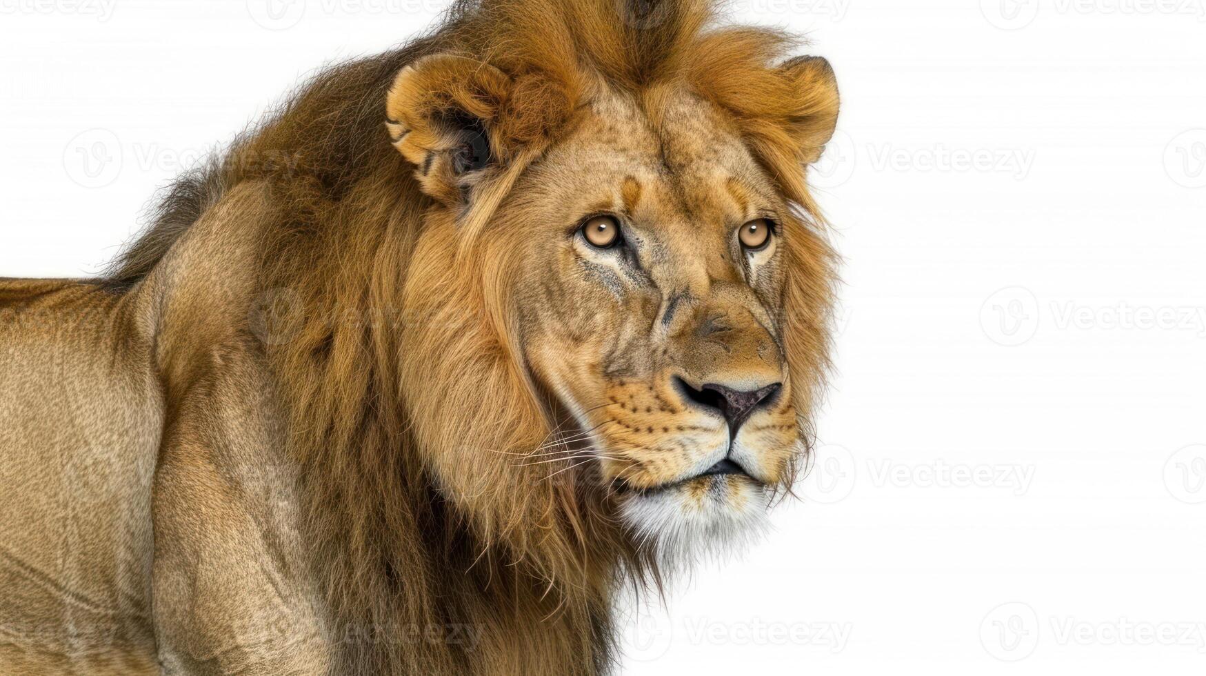 A powerful lion gazes directly, showcasing its regal mane and fierce expression photo