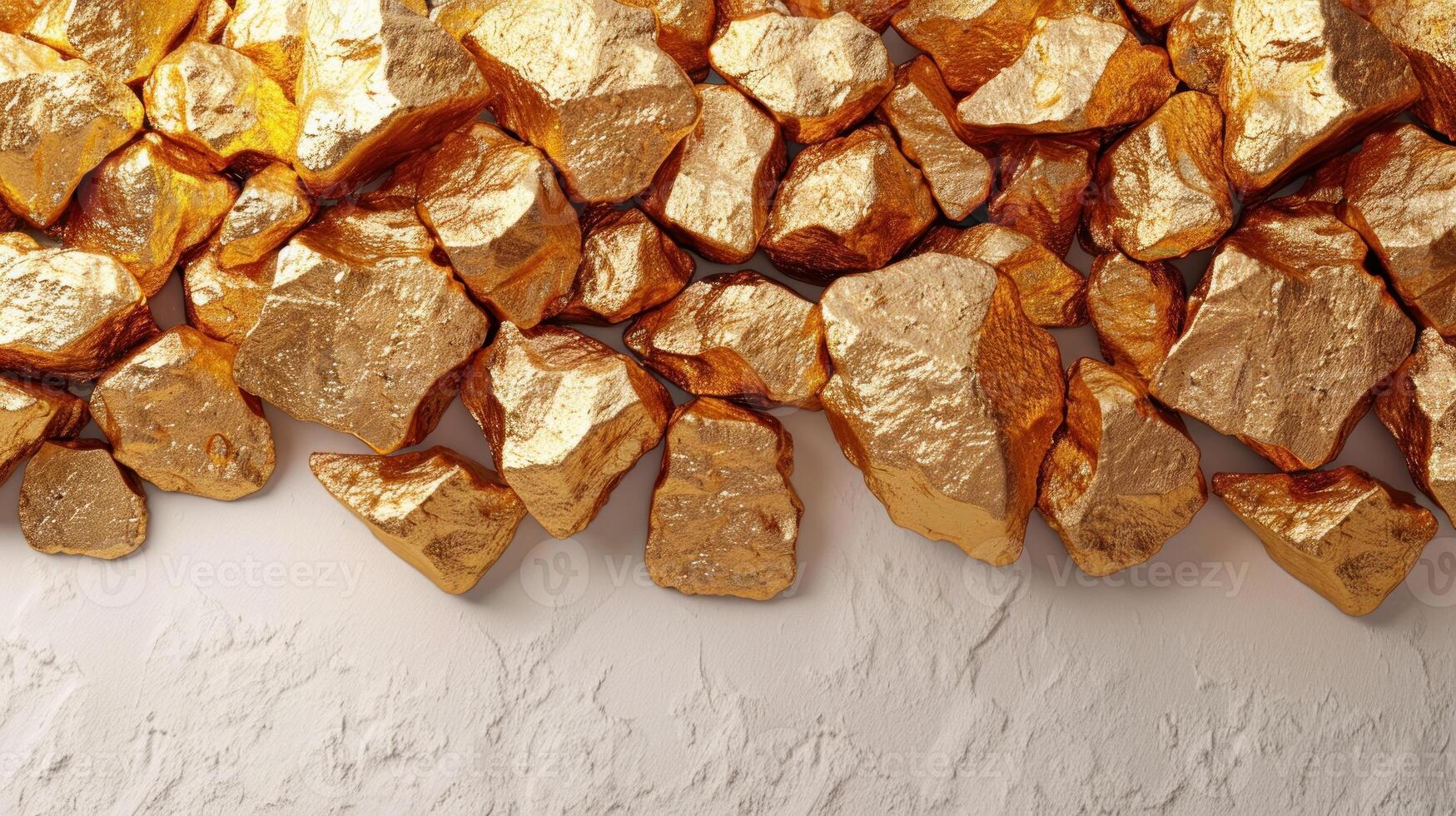 Sparkling golden rocks create a striking contrast on a textured white surface photo