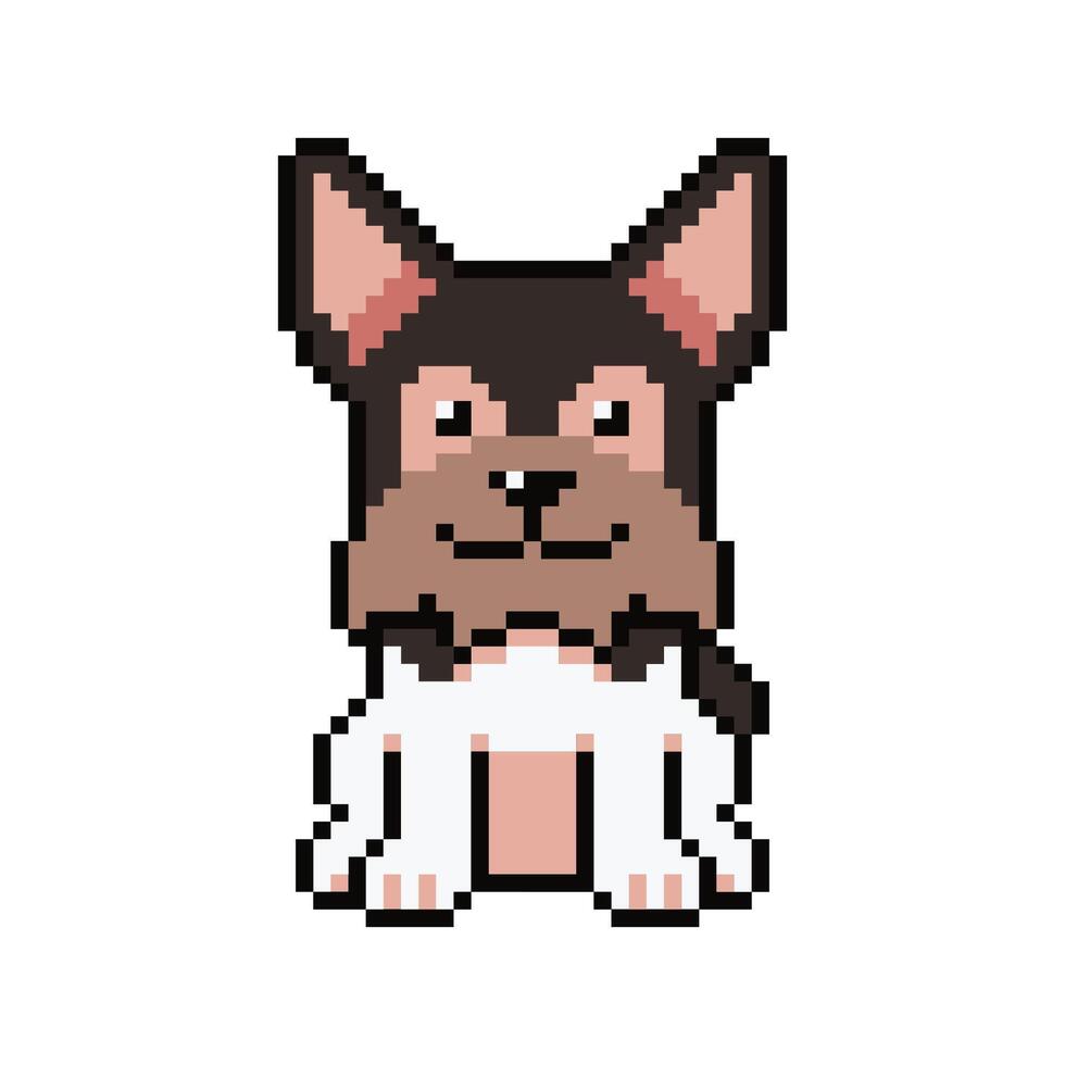 Pixel art smiling dog in retro style for design. vector