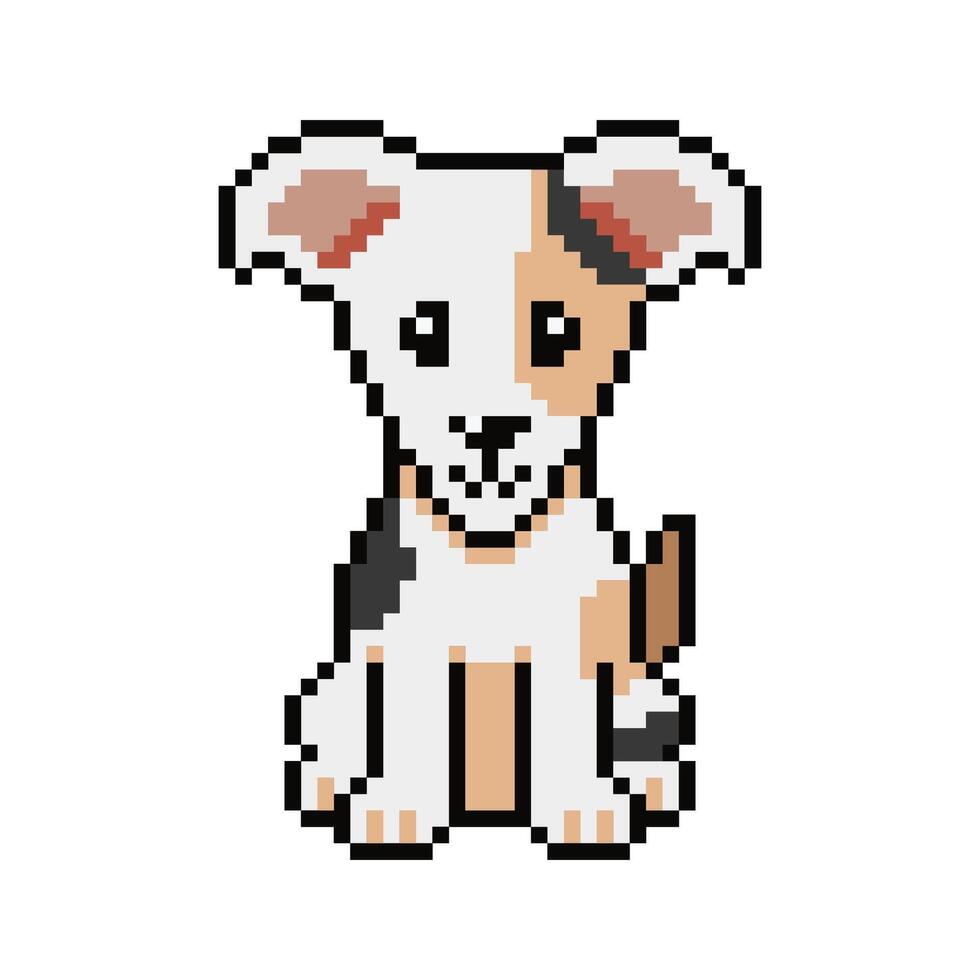 Pixel art cute sitting dog in retro style for design. vector