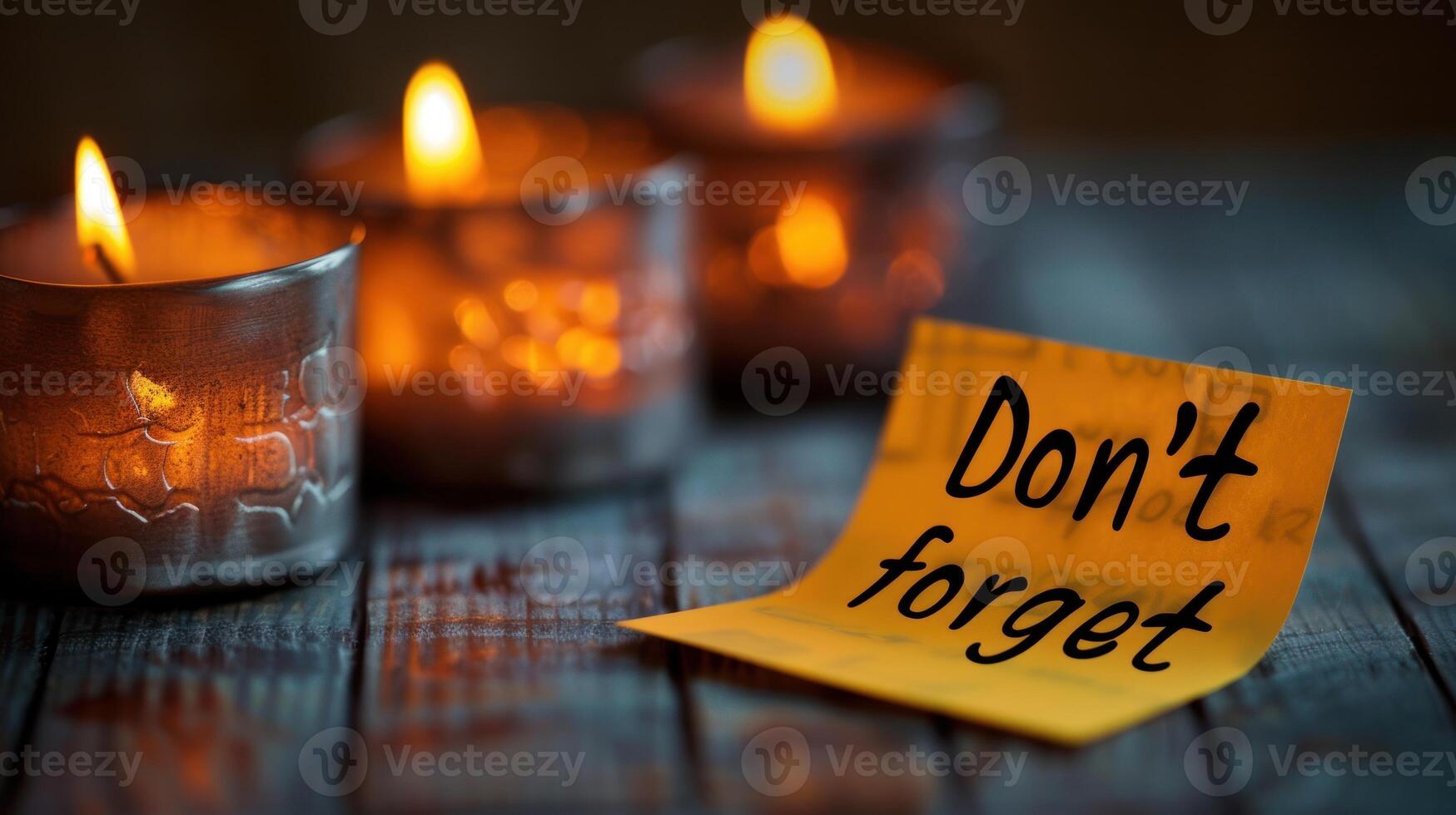 A reminder note rests beside glowing candles, creating a tranquil atmosphere photo