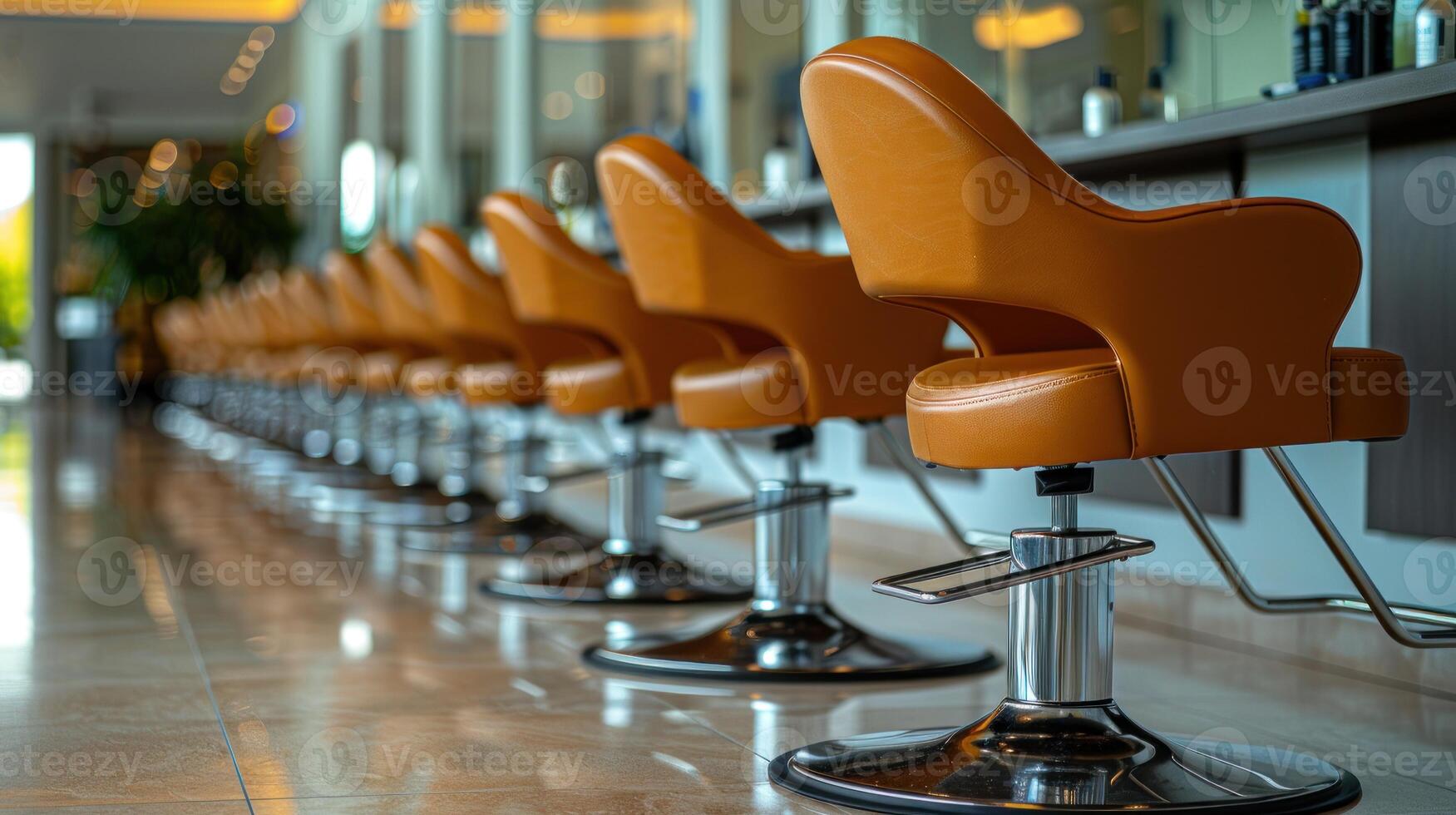 Stylish orange salon chairs line up under warm, inviting lighting photo