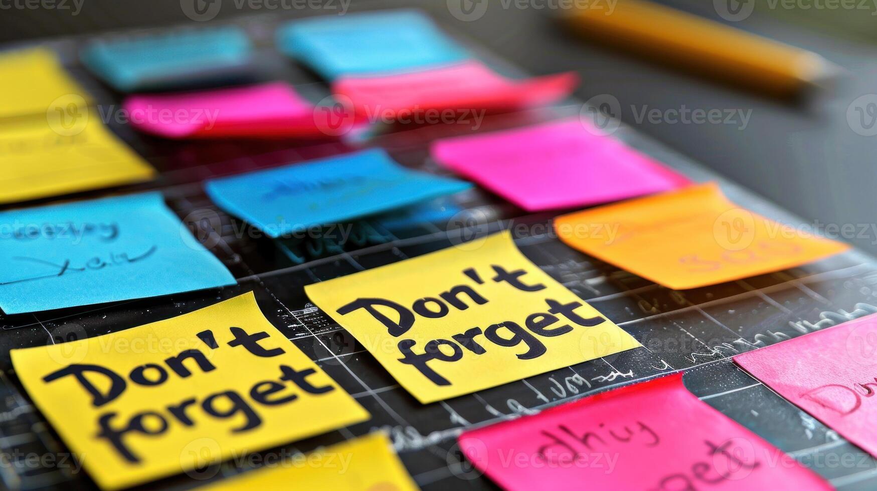 Bright sticky notes feature reminders arranged on a desk for daily tasks photo