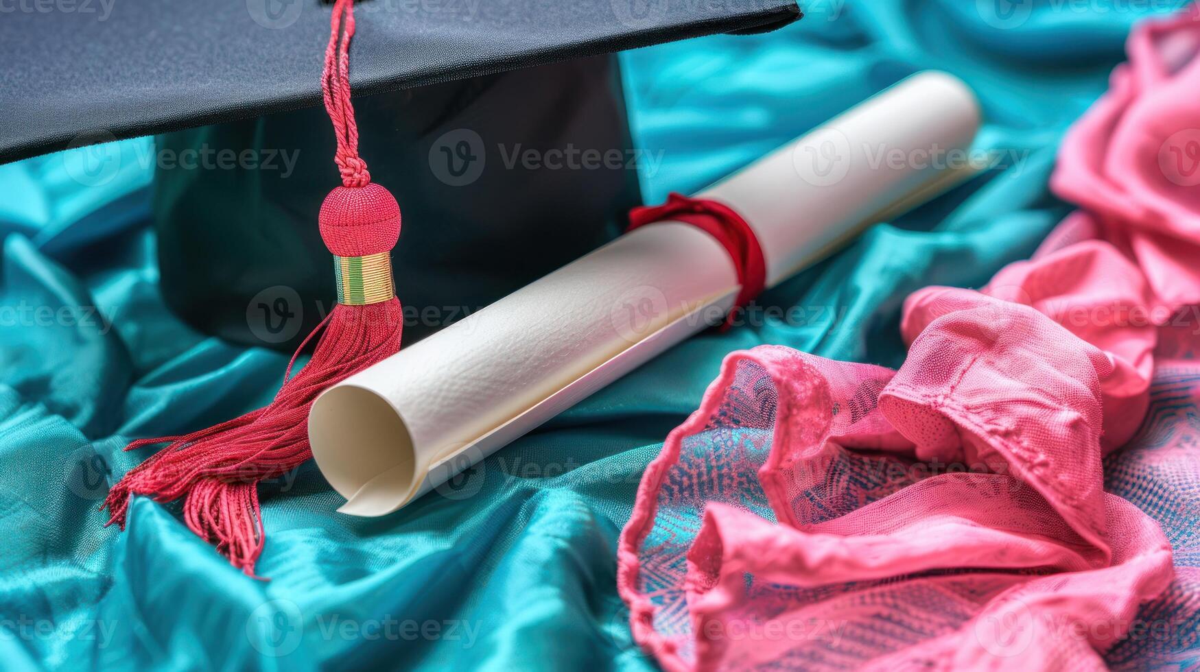 A graduation cap beside a rolled diploma on colorful drapery photo