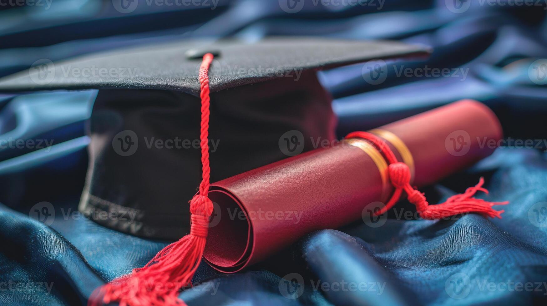 A graduation cap rests beside a rolled diploma on luxurious blue fabric photo