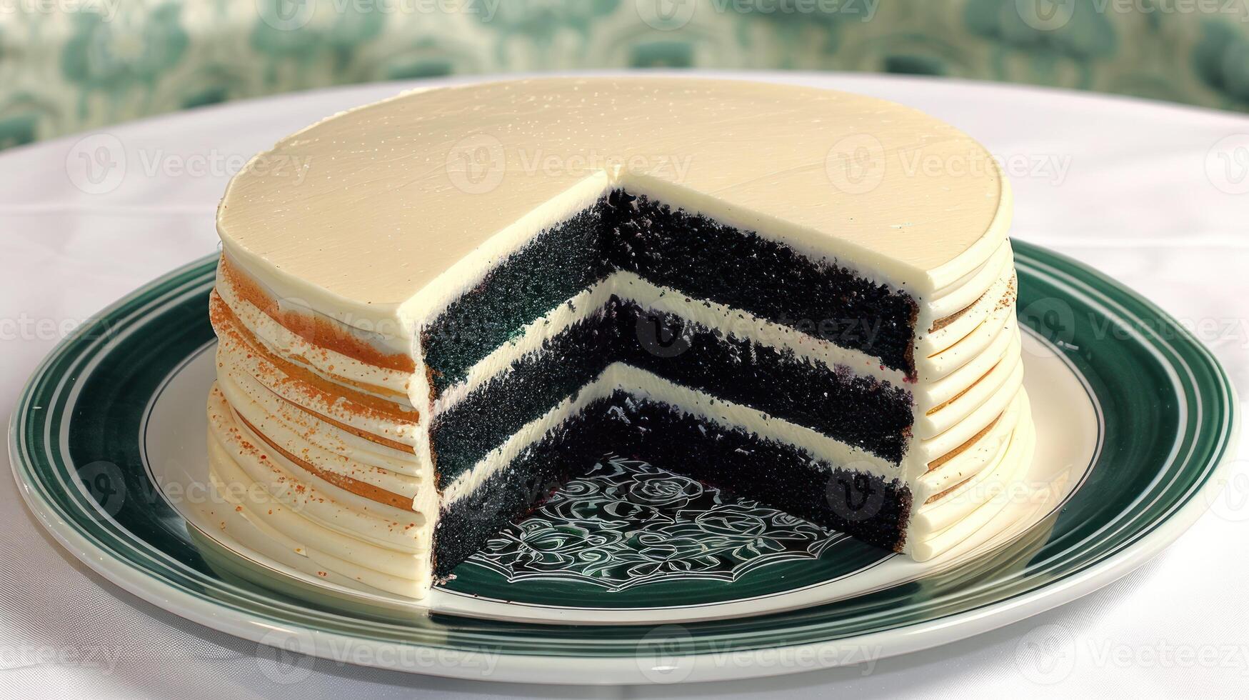 Sliced layers of decadent chocolate cake reveal rich frosting interior photo