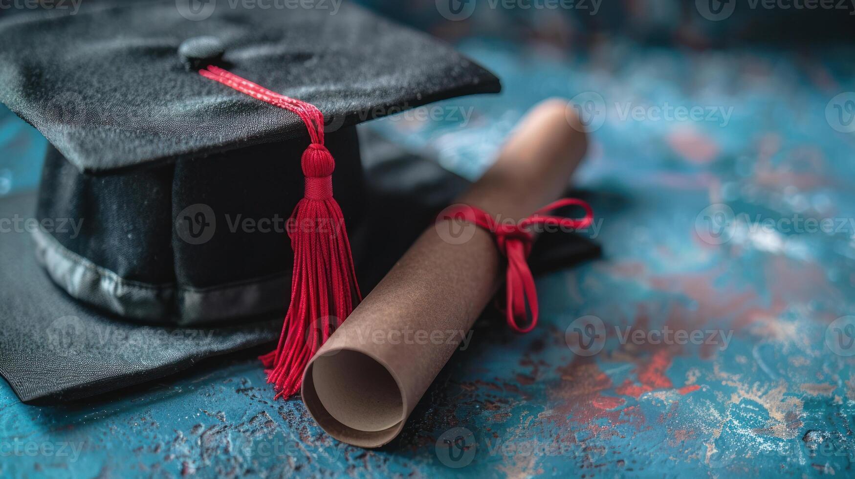 A graduation cap and diploma roll elegantly arranged on a vibrant background photo