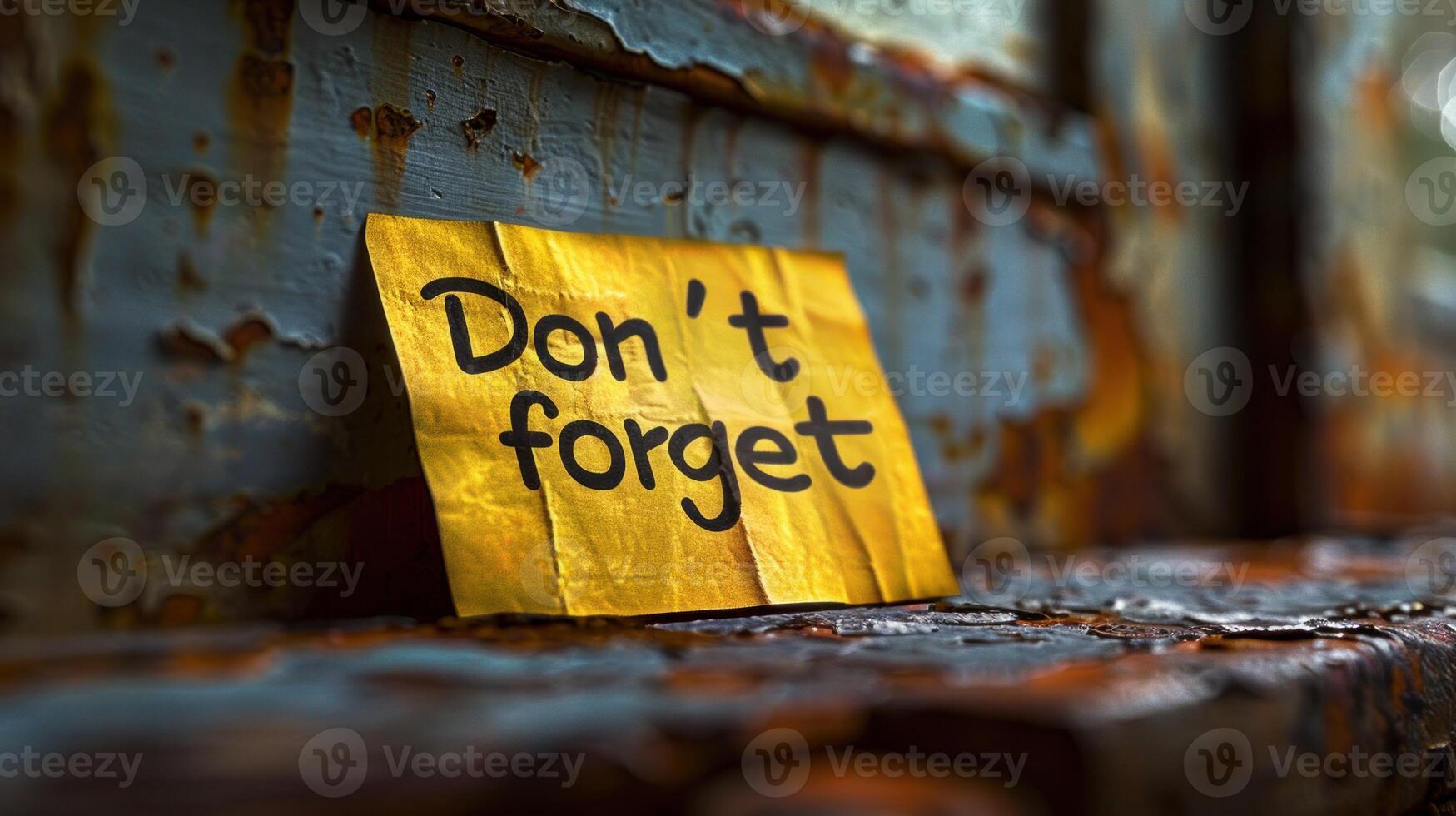 A yellow note with a reminder rests on an old, textured surface photo