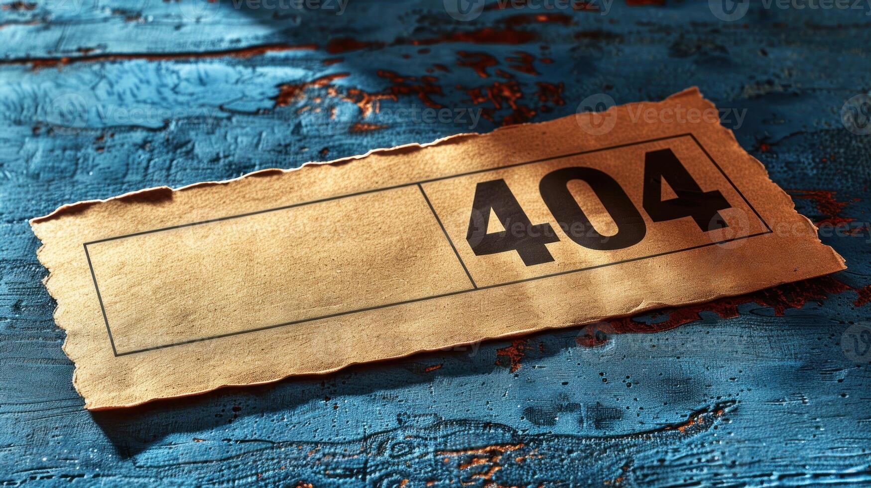A weathered paper tag displaying the number 404 rests on a vibrant blue table photo