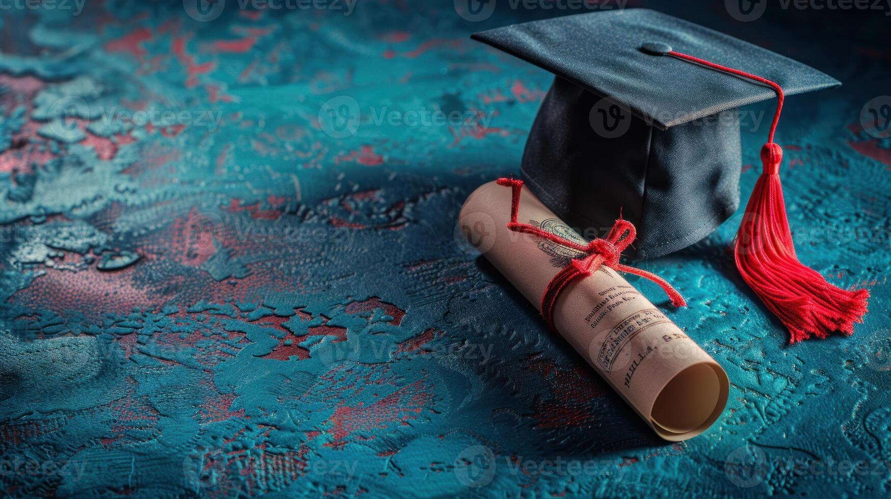 A graduation cap and diploma rest on a vibrant, colorful surface, symbolizing success photo