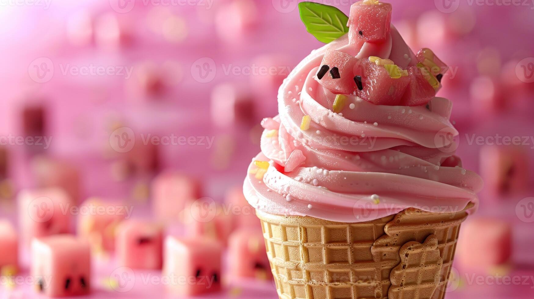 A whimsical pink ice cream cone topped with cute decorations awaits enjoyment photo