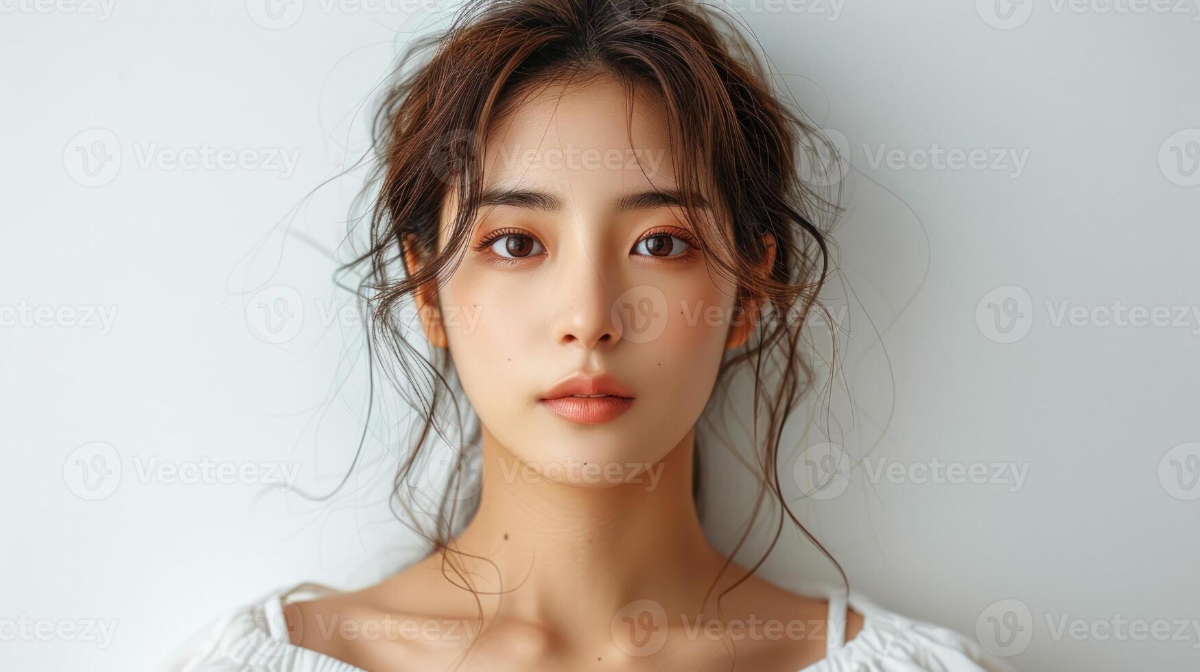 A young woman gazes calmly with natural beauty and tousled hair photo