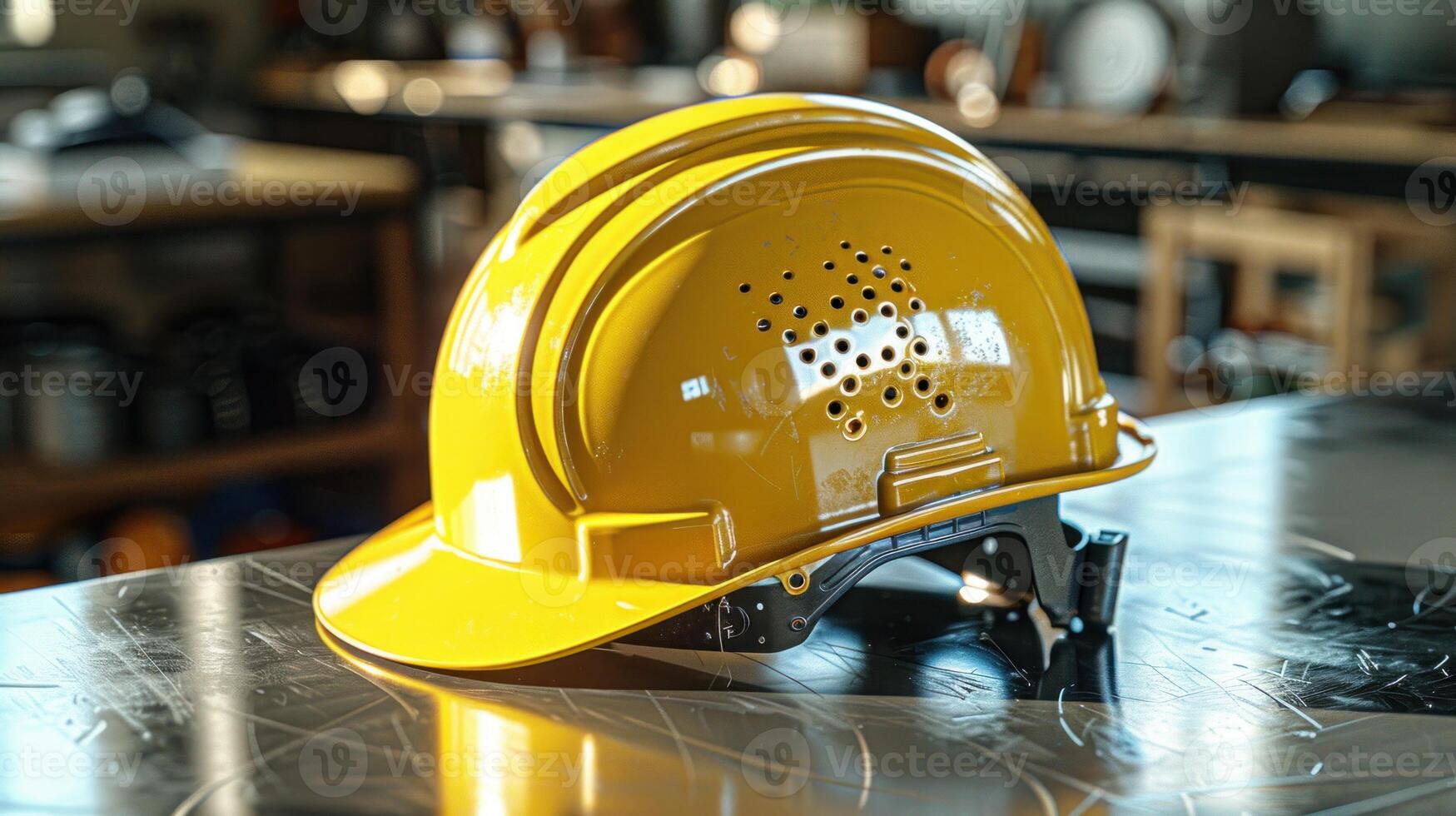 A sturdy hard hat rests on a shiny work surface in a bustling workshop photo