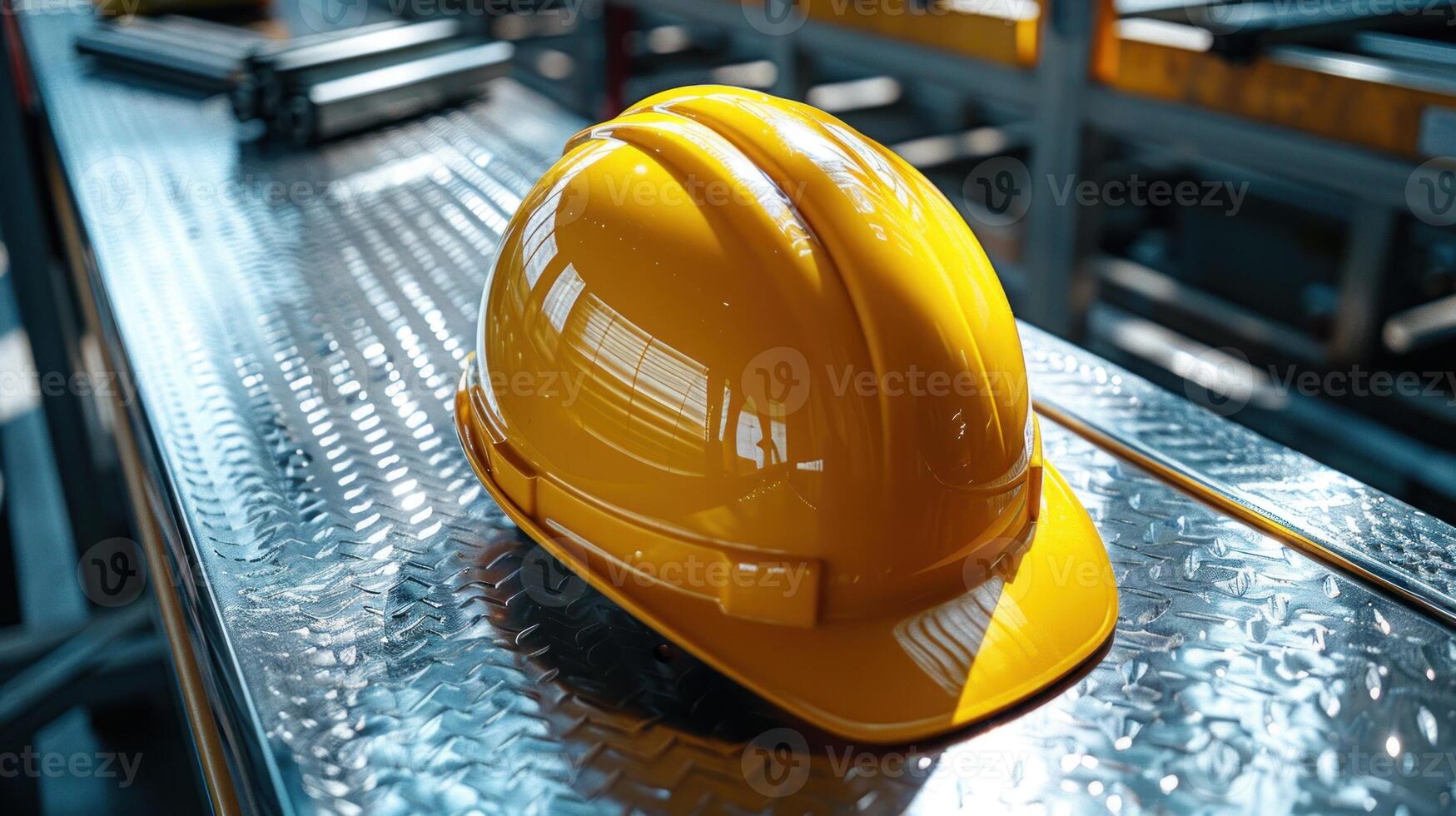 A vibrant hard hat sits on a reflective surface in a busy workshop photo