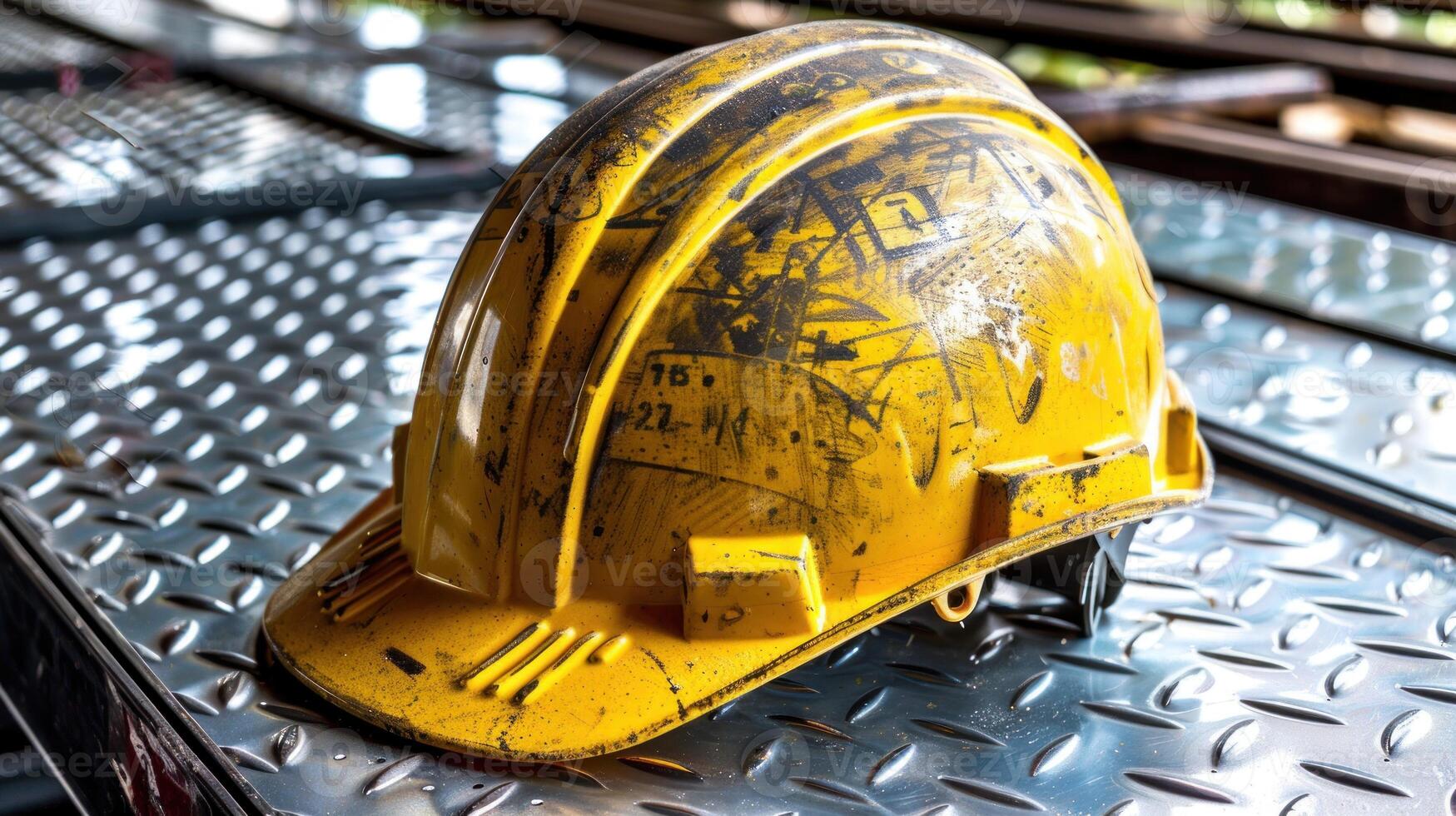 A worn yellow hard hat rests on a metallic surface, telling stories of hard work photo