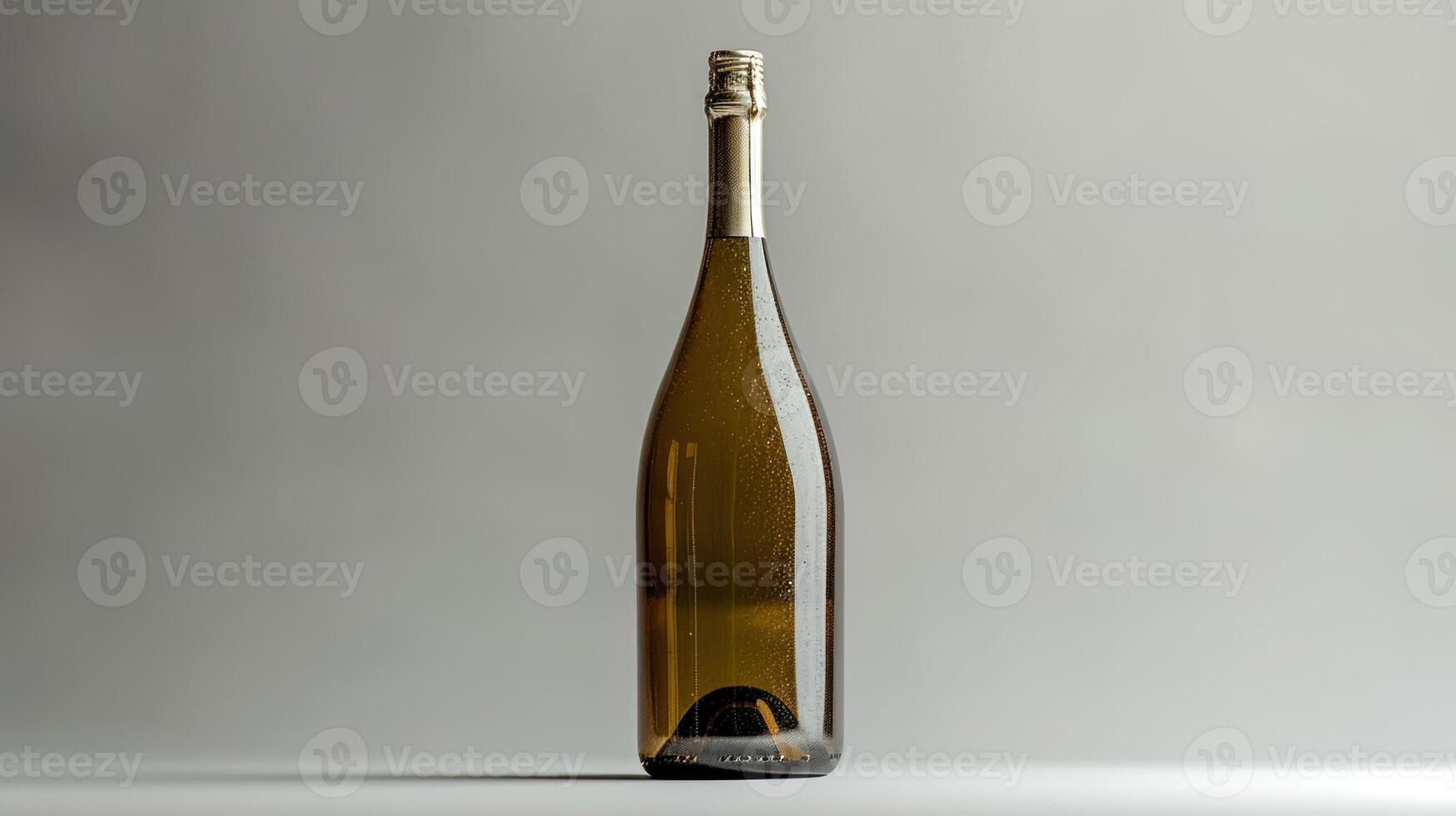 A full bottle of sparkling wine stands upright on a plain white surface photo