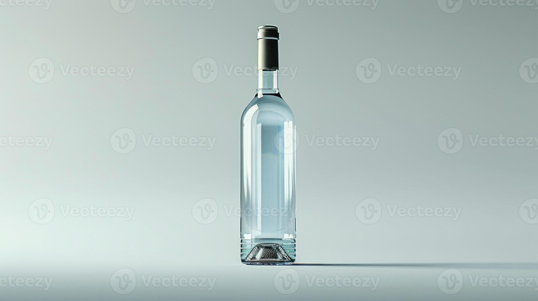 An empty glass bottle stands upright on a white surface photo
