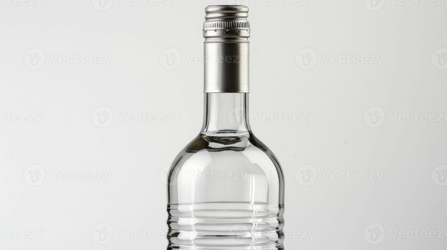 A clear glass bottle with a silver cap and ridges stands upright on a white surface photo