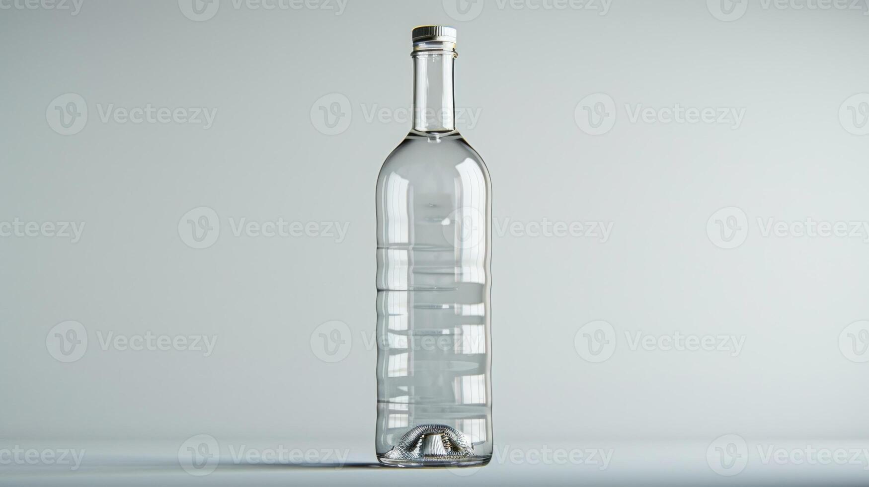 A single glass bottle, empty and clear, sits on a white surface photo