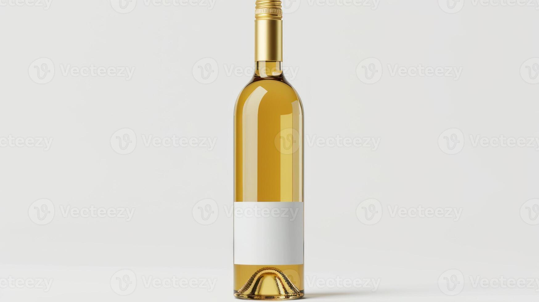 A lone bottle of white wine with a blank label stands ready for its journey photo
