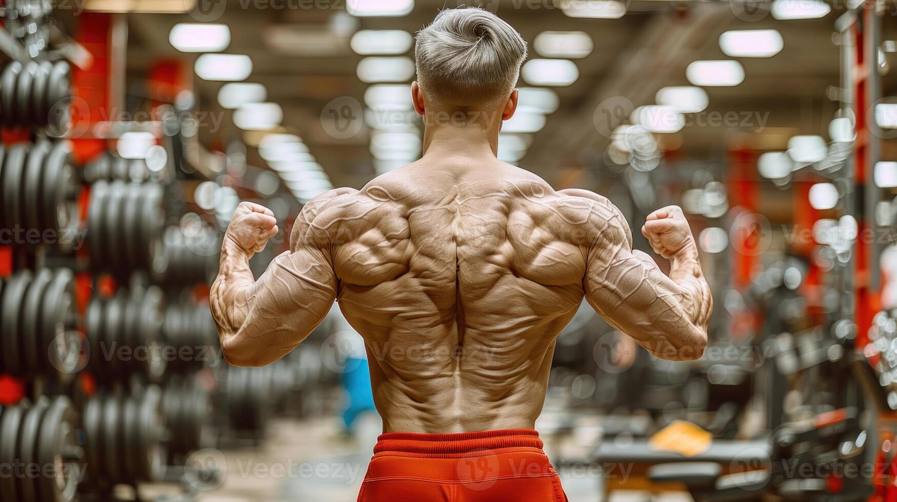 A man flexes his back muscles while standing in a gym photo