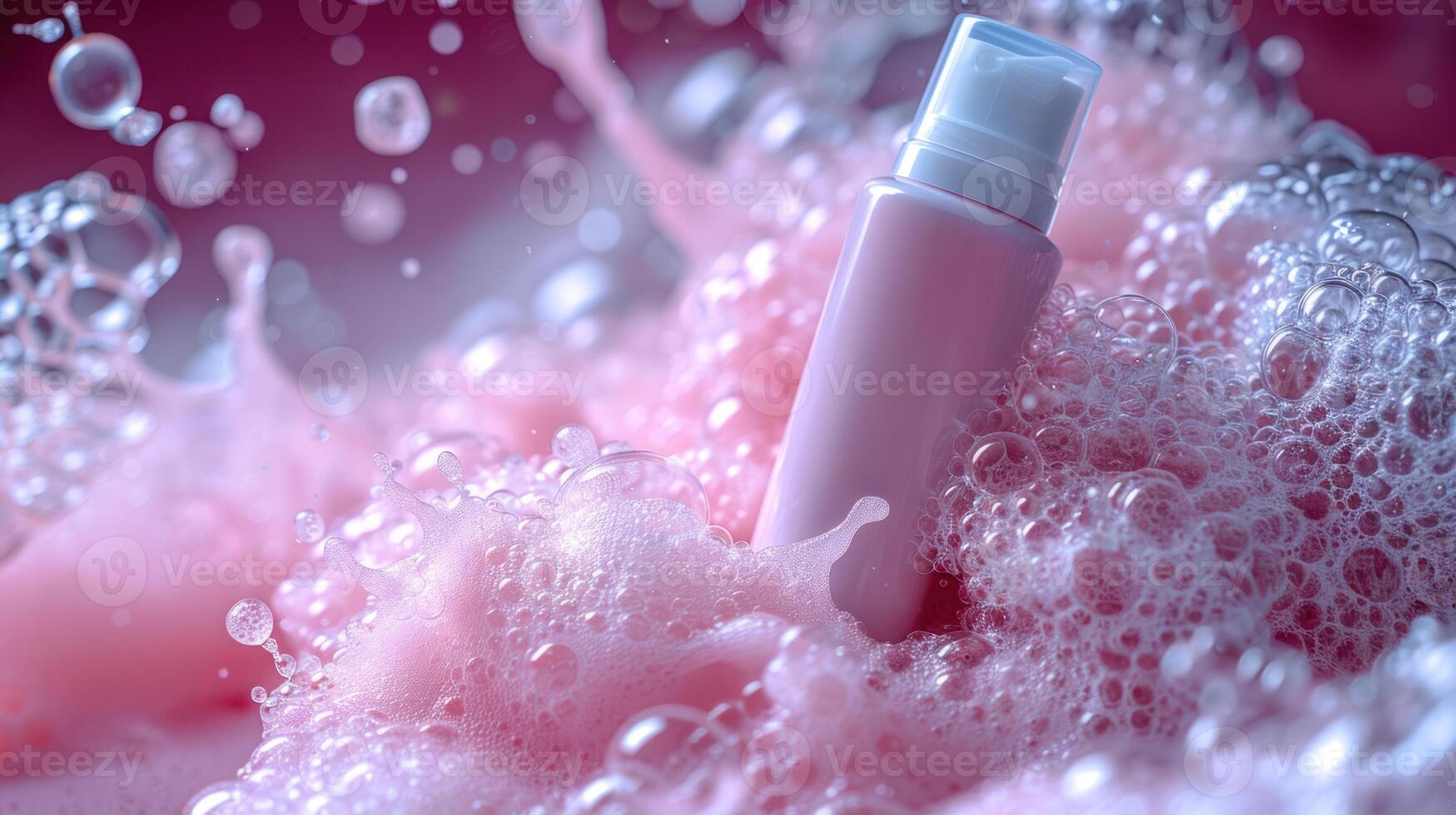 A pink lotion bottle sinks into a bath of fluffy, pink bubbles photo