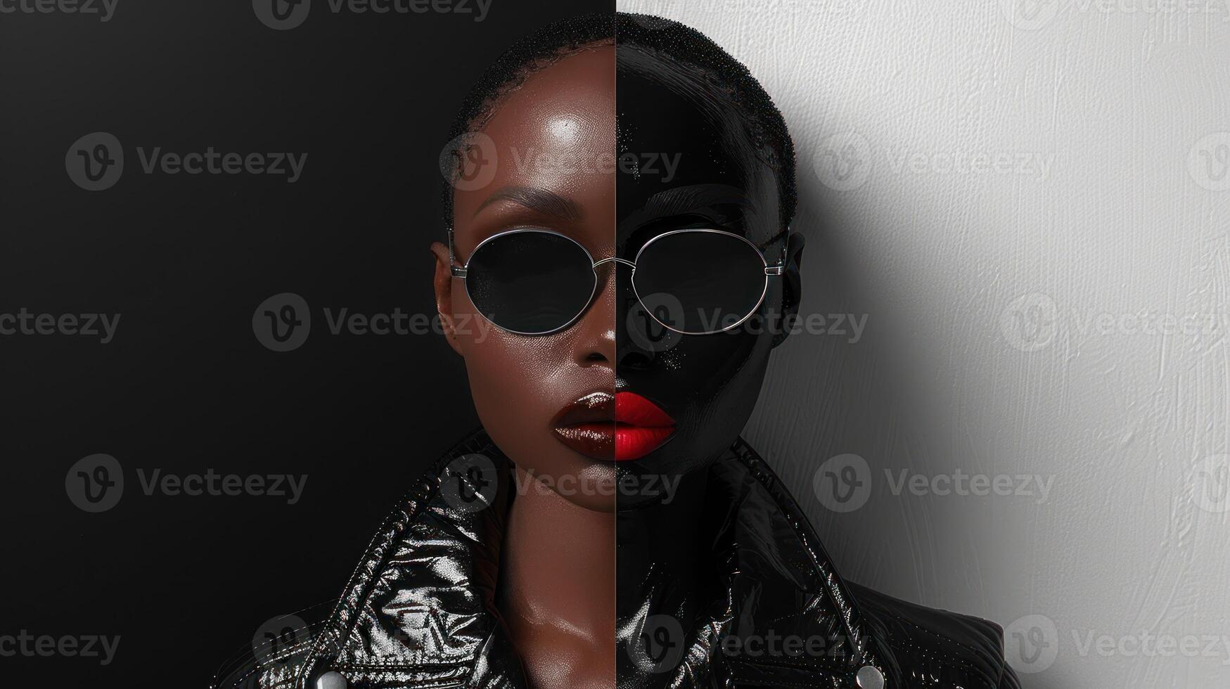Woman with red lip stares at camera, face split, one side black, one white photo