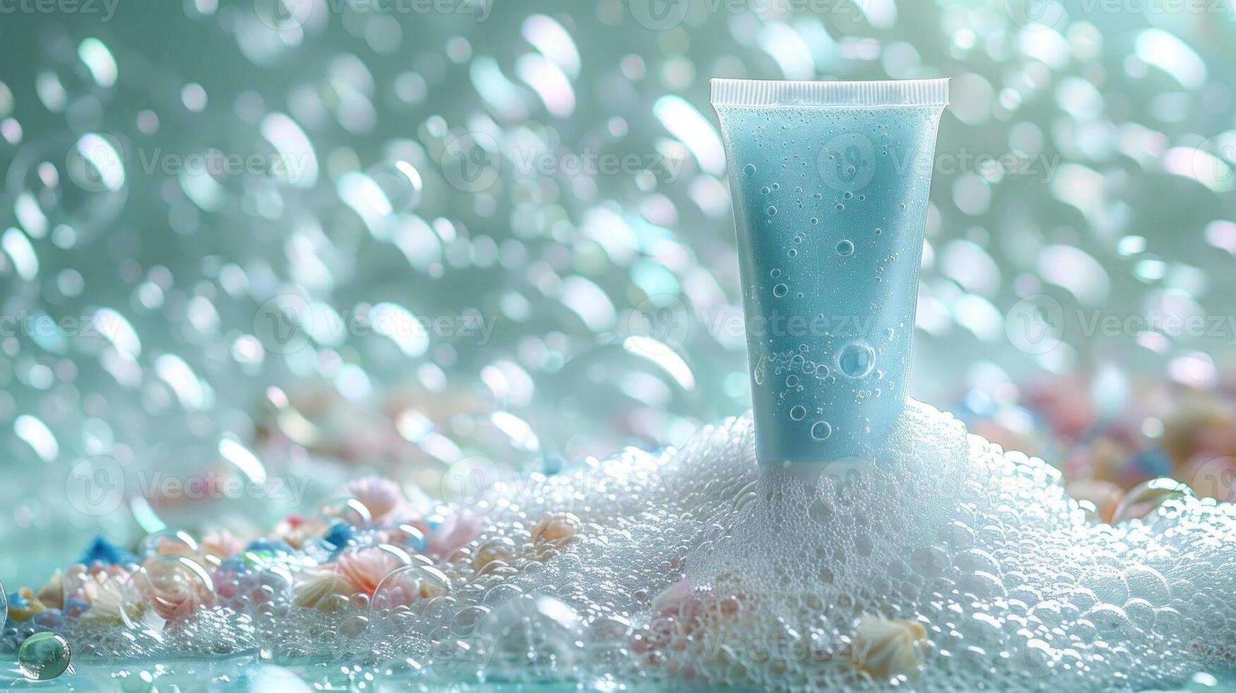 A blue squeeze tube sits in a pile of foamy bubbles photo