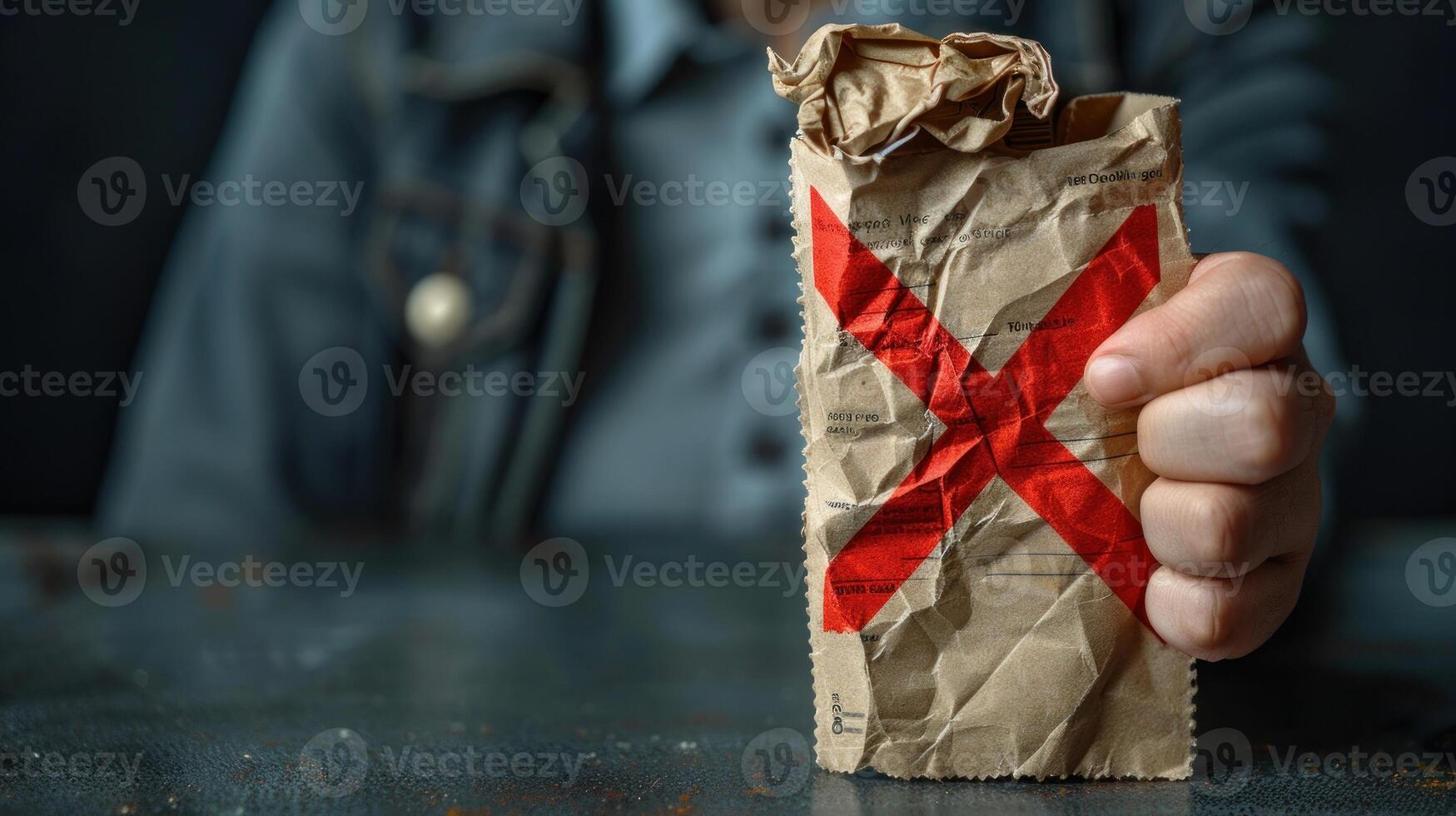 A hand holds up a crumpled piece of paper with a red X mark photo