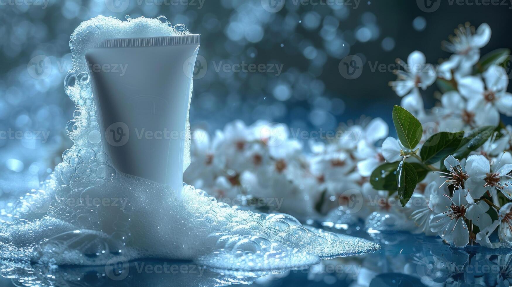 A white tube sits in a pool of foam, surrounded by delicate white blossoms photo