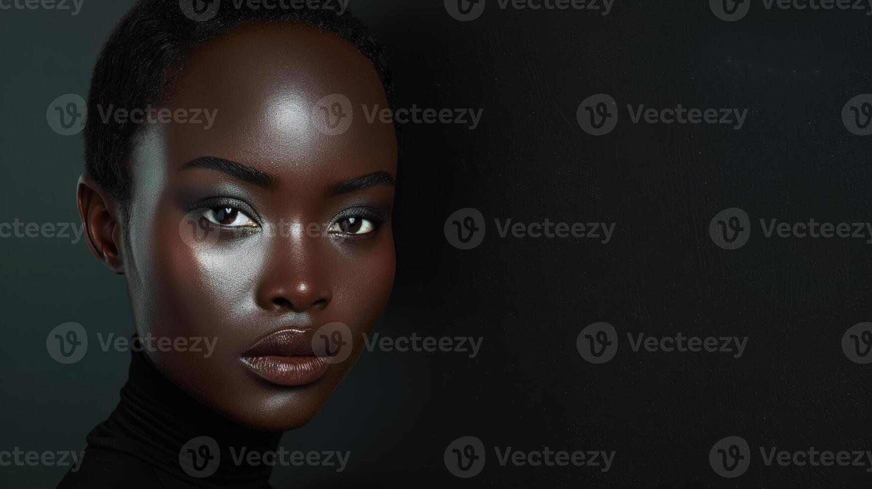 A close-up portrait of a woman with dark skin and piercing eyes photo