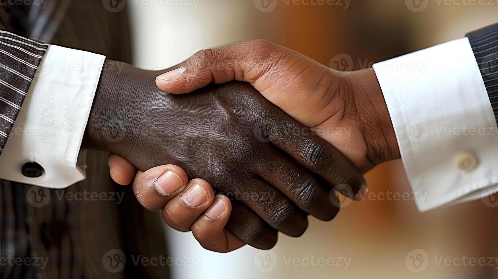 Two men in suits shake hands, demonstrating a professional connection photo