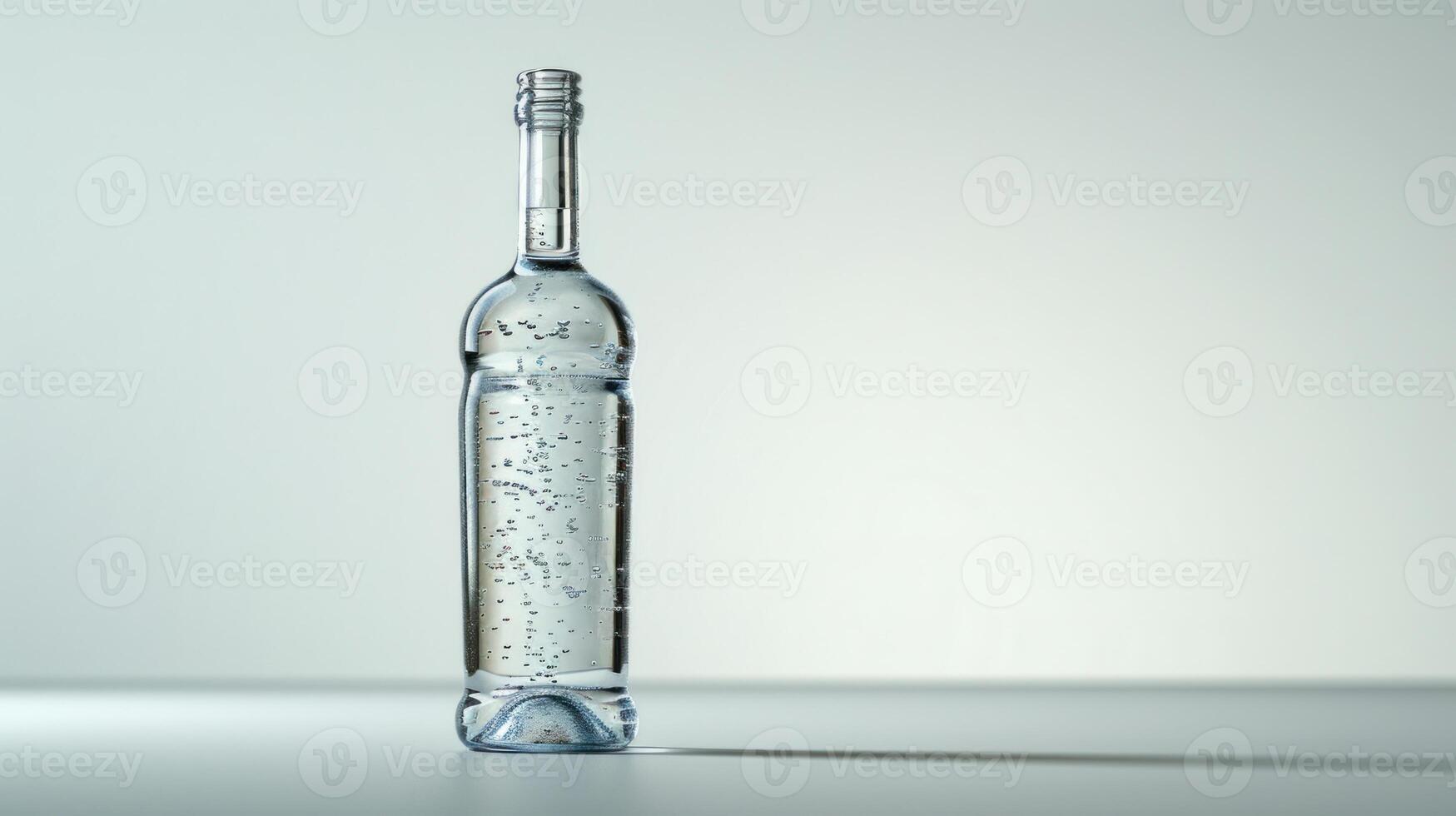 A glass bottle of sparkling water stands on a white surface, casting a shadow photo