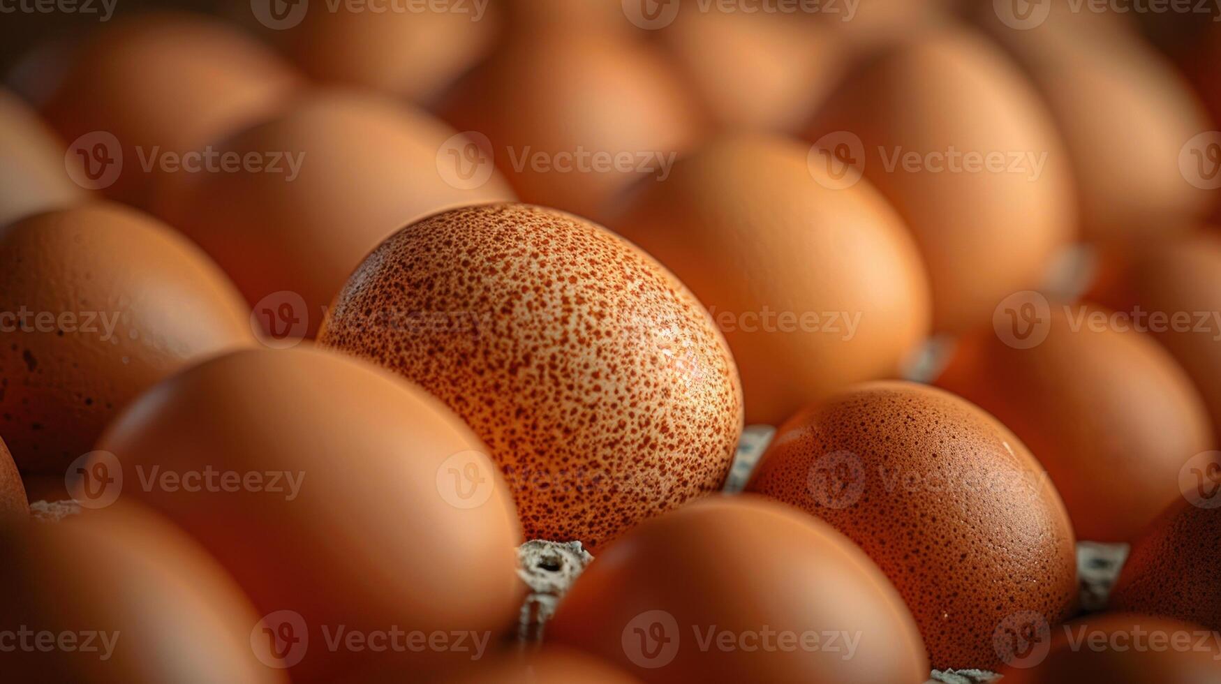 Close-up shot of a speckled egg amongst a carton of smooth, brown eggs photo
