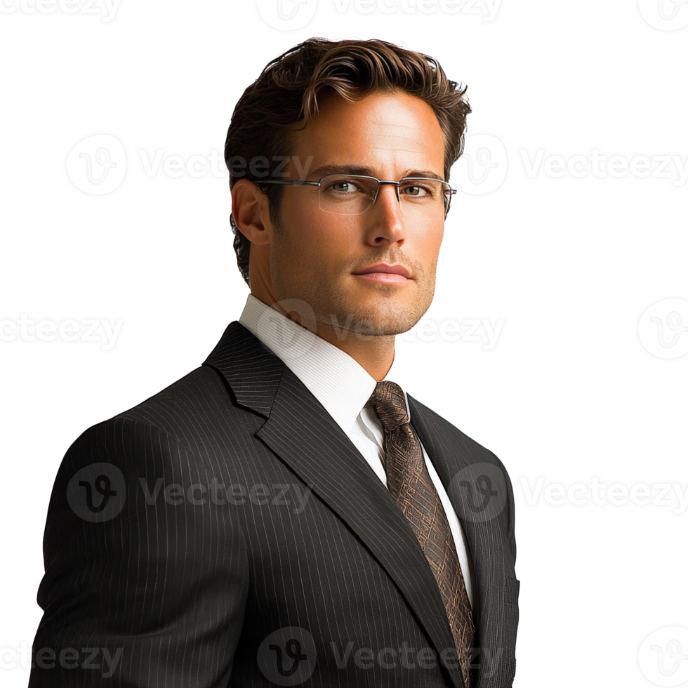 Professional man in a suit with glasses posing confidently in a studio setting png