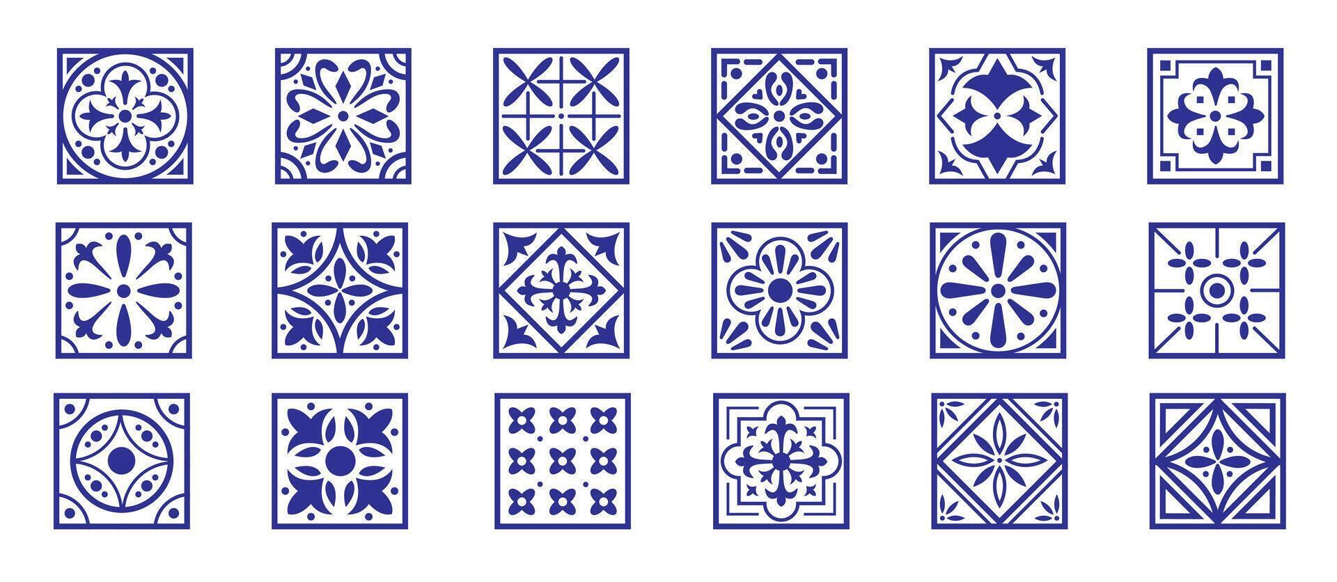 Set of tiles background in blue. Mosaic pattern for ceramic in italian style. Decoration geometric elements. vector