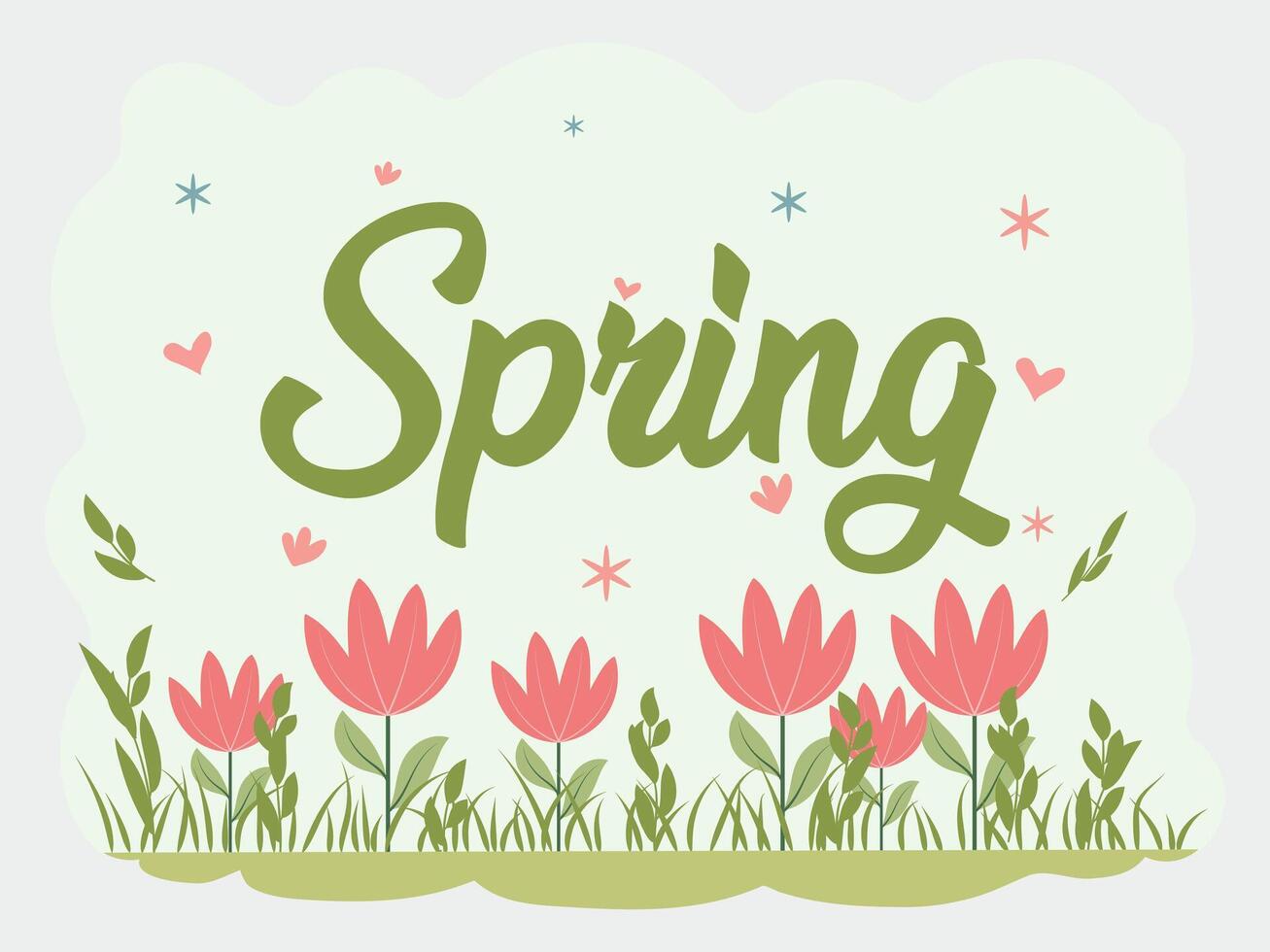 A cheerful illustration featuring the word Spring in elegant script, surrounded by blooming tulips, lush greenery, and whimsical hearts and snowflakes. vector