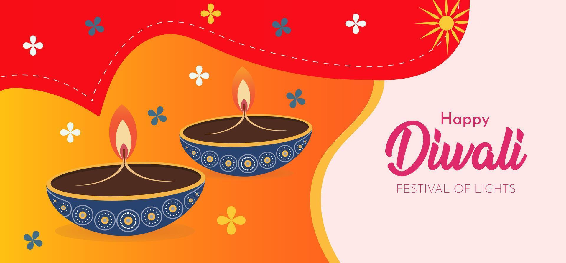 Happy Diwali Festival of Lights Banner Two intricately designed diyas oil lamps illuminate a vibrant festive banner, radiating warmth and celebrating the joyous festival of Diwali vector