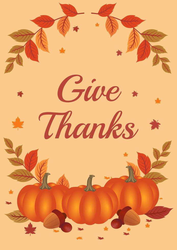 Thanksgiving Feast Invitation card A festive invitation featuring autumn leaves, pumpkins and a welcoming message, perfect for a Thanksgiving dinner party. vector