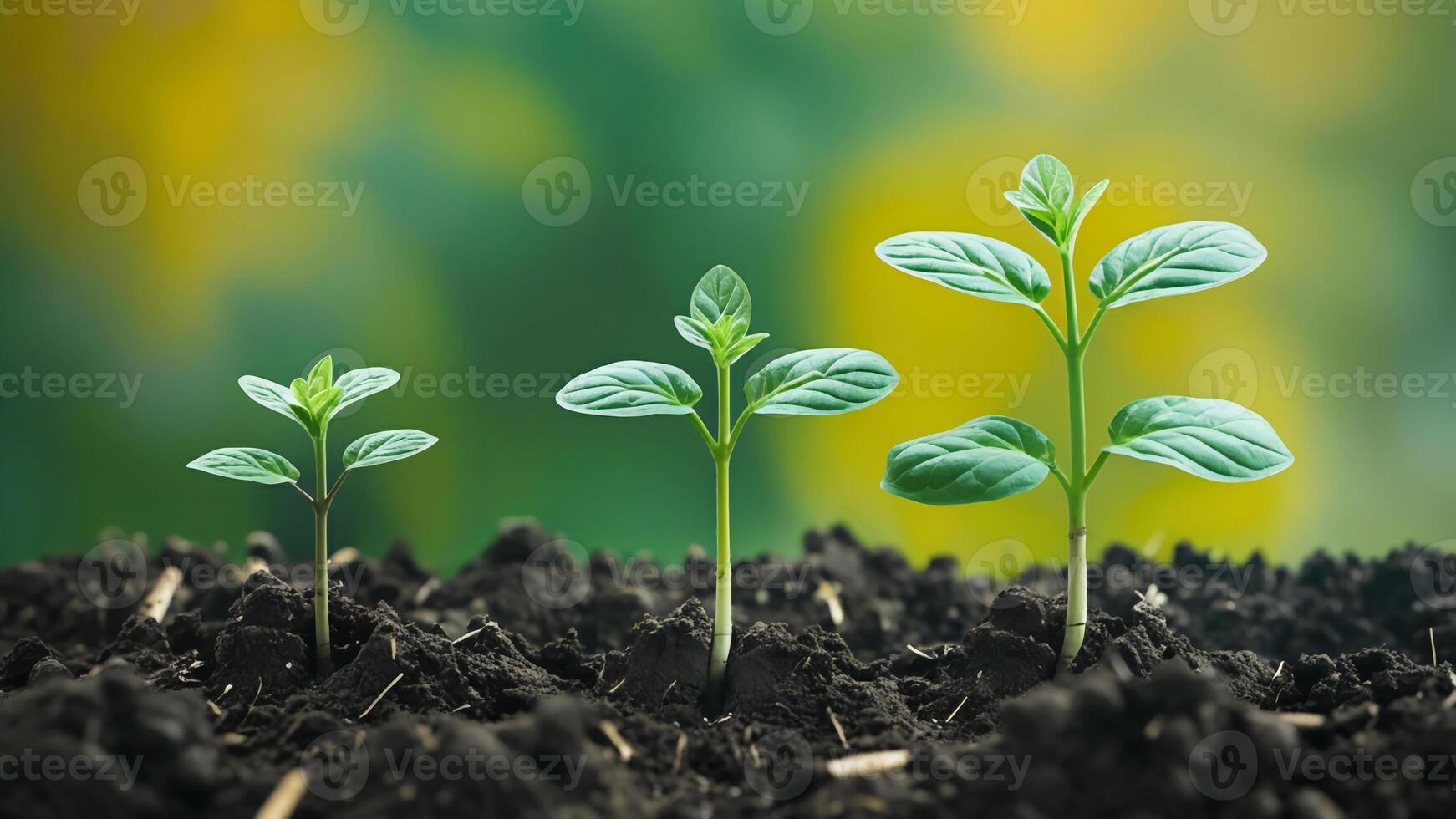 Growth of Young Plants in Fertile Soil with Green and Yellow Background photo