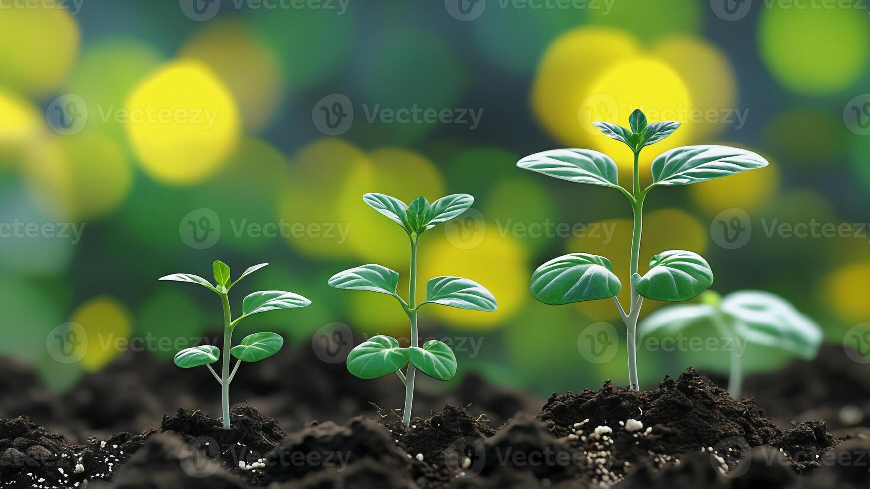 This photo shows three young plants growing in fertile soil with a blurred green and yellow background