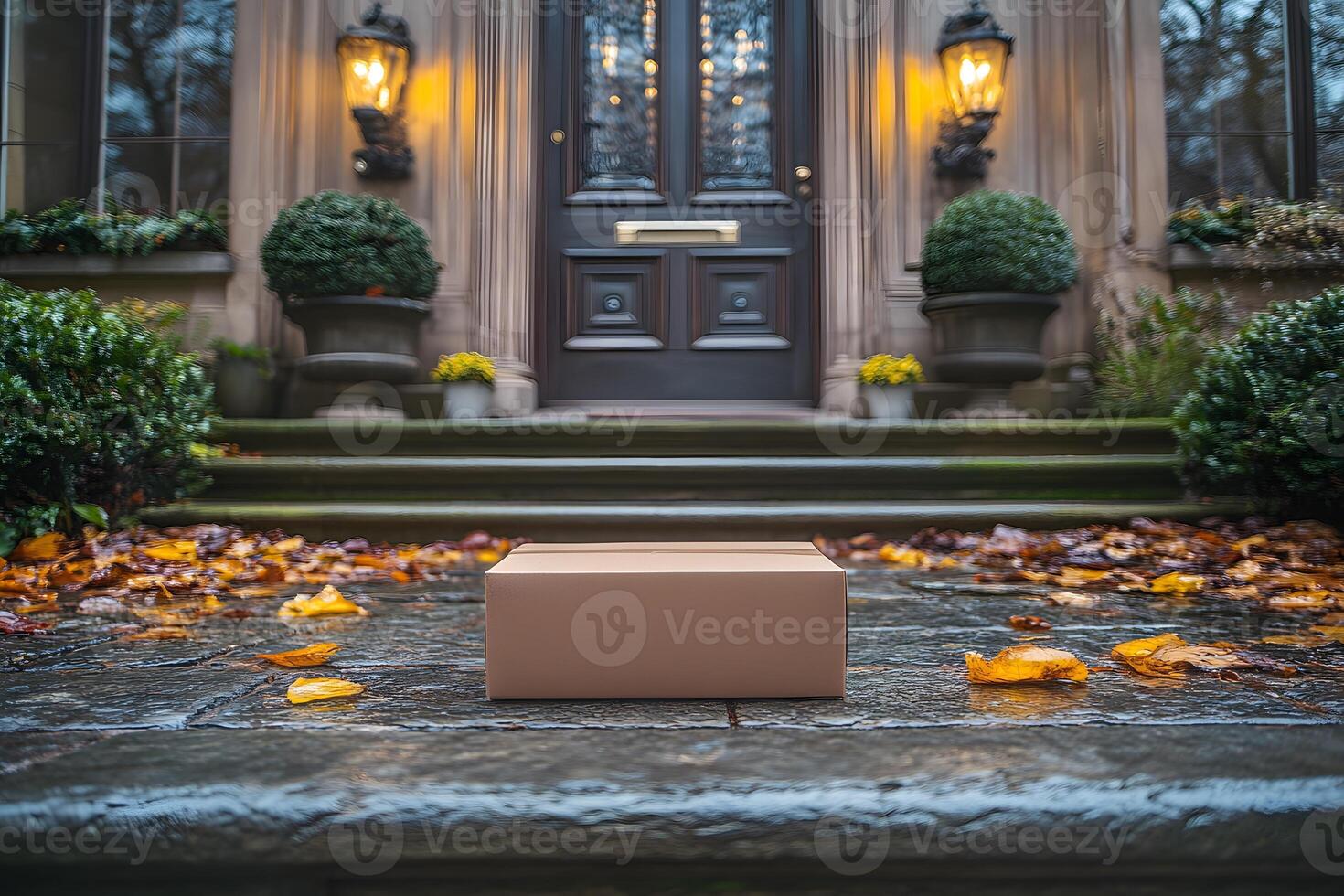 Autumn Delivery Package on Wet Doorstep - Cozy Seasonal Home Scene for Posters photo