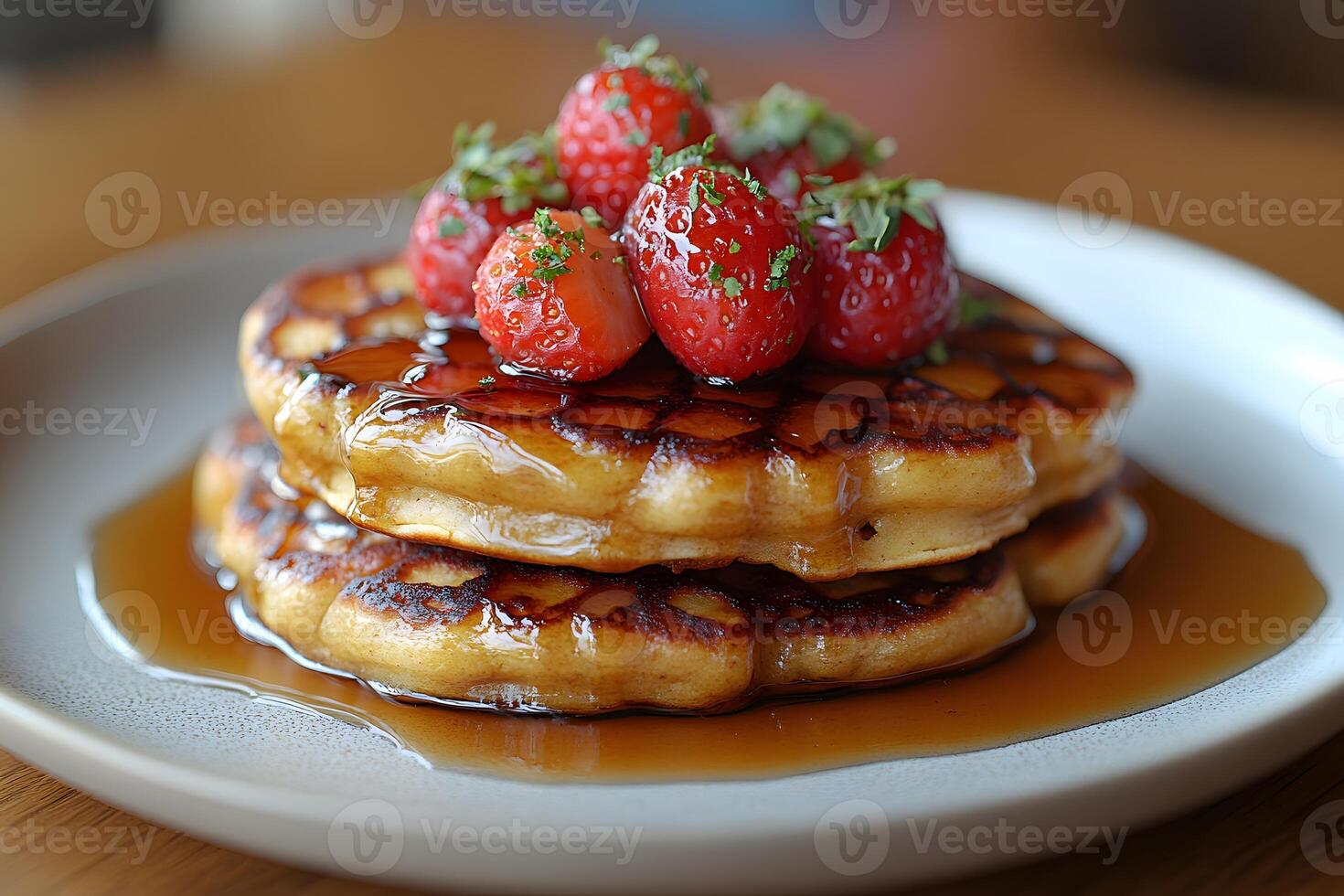 Delicious Stack of Pancakes with Fresh Strawberries and Maple Syrup for Breakfast Inspiration photo