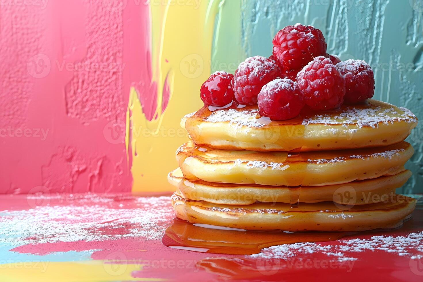 Stack of Pancakes with Raspberries on Colorful Background - Perfect for Breakfast Themes photo