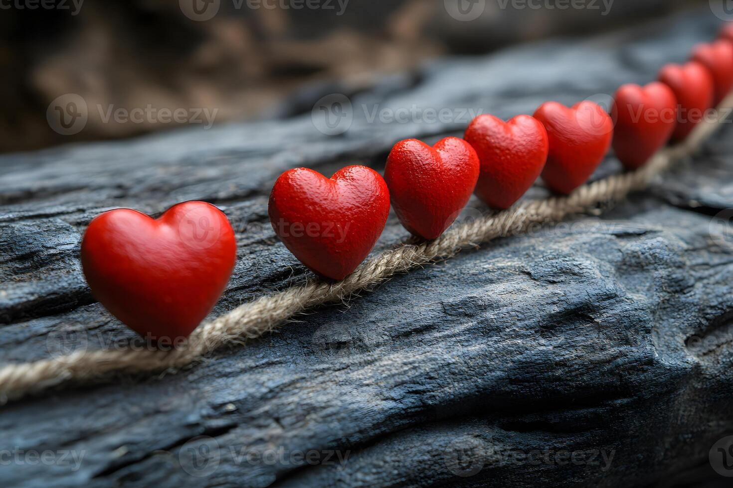 Valentine's Day Romantic Heart Decorations on Rustic Wood Background for Design photo
