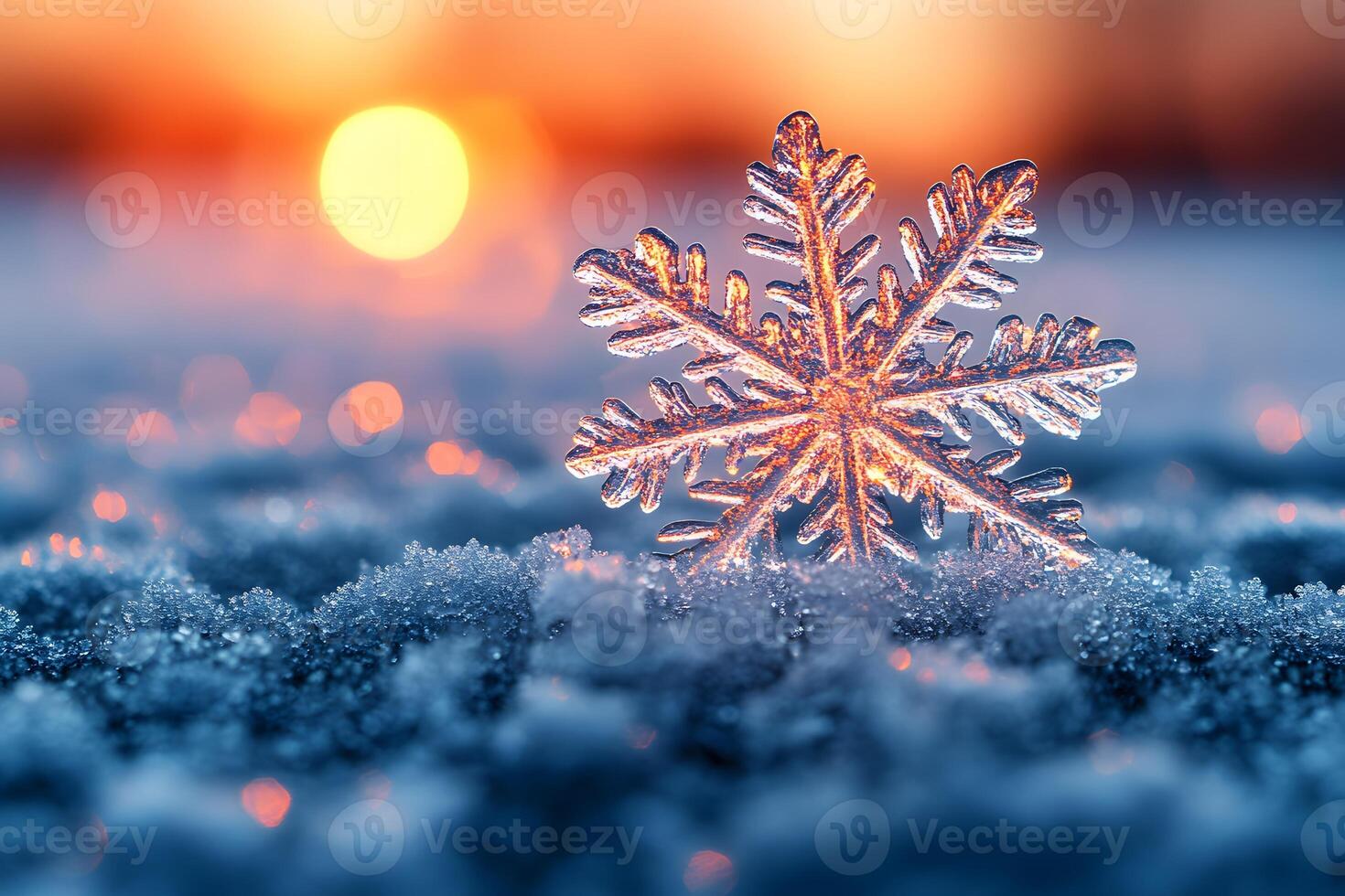 Winter Serenity Macro Snowflake at Sunset for Seasonal Decor and Greeting Cards photo